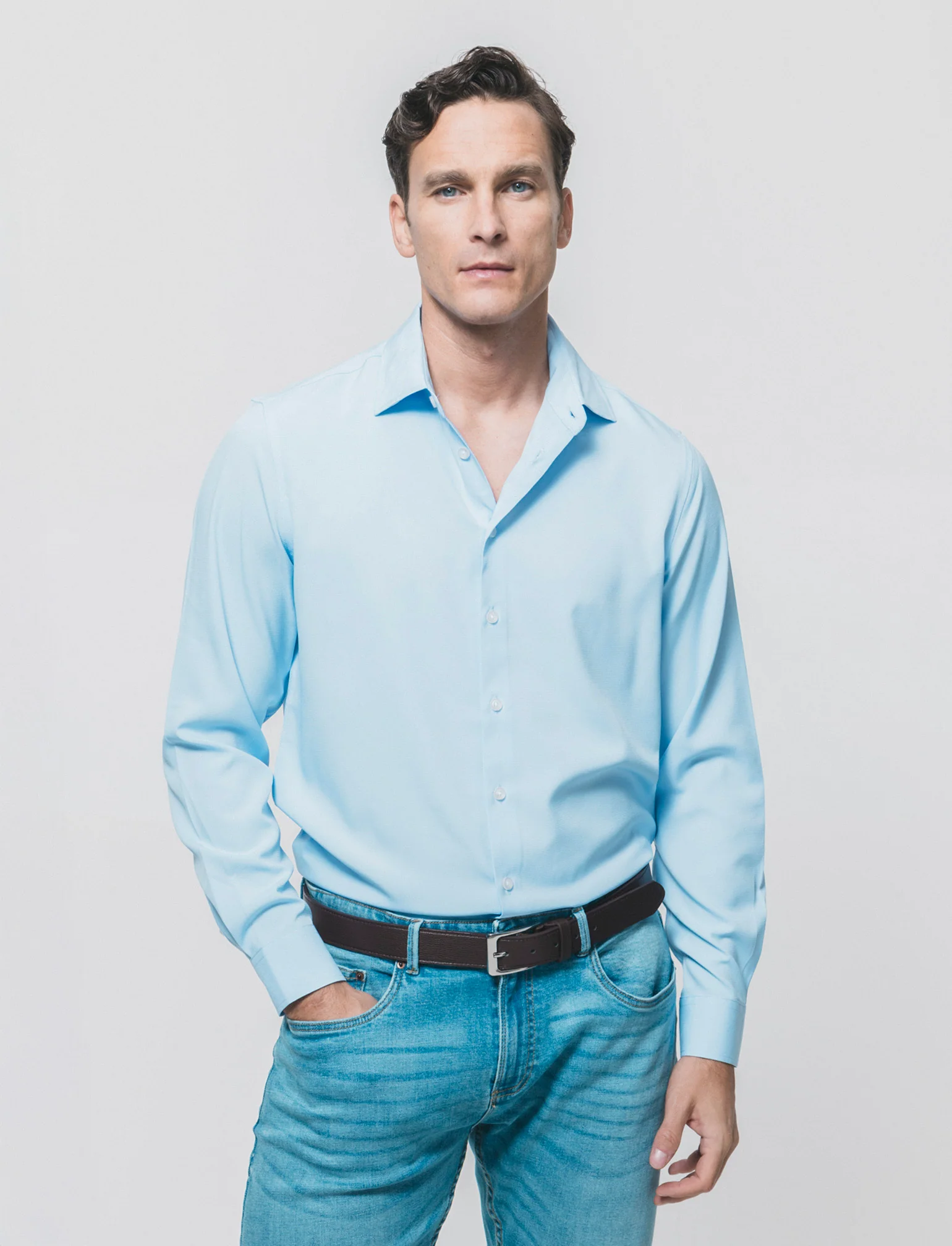 Camicia Formal Fit in Tessuto Jacquard - Celeste - Image 3