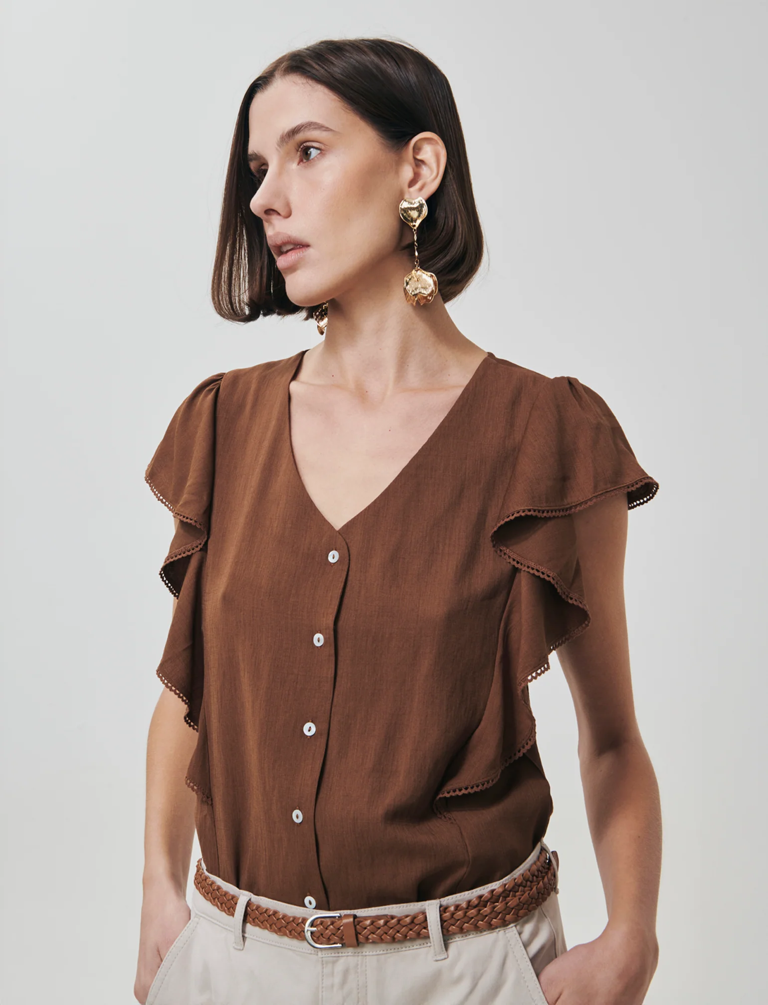 Camicia Giro Maniche con Rouches - Marrone tabacco - Image 3