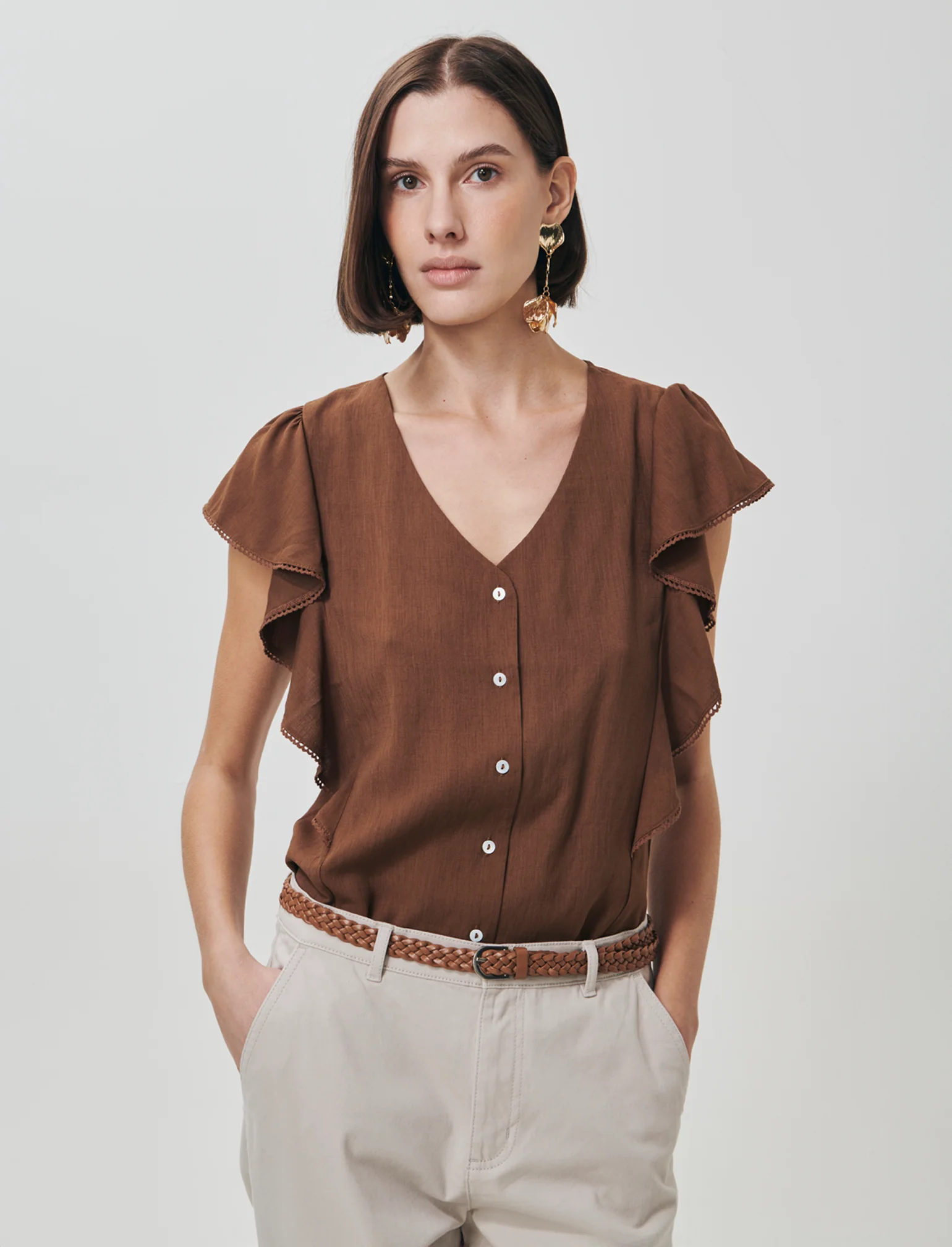 Camicia Giro Maniche con Rouches - Marrone tabacco - Image 4