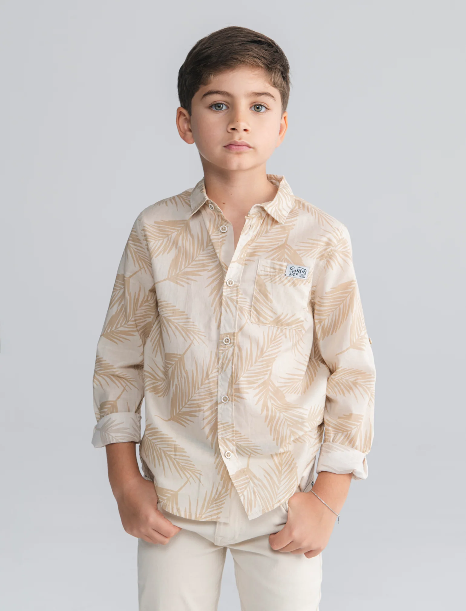 Camicia in cotone con fantasia casual - Beige - Image 3