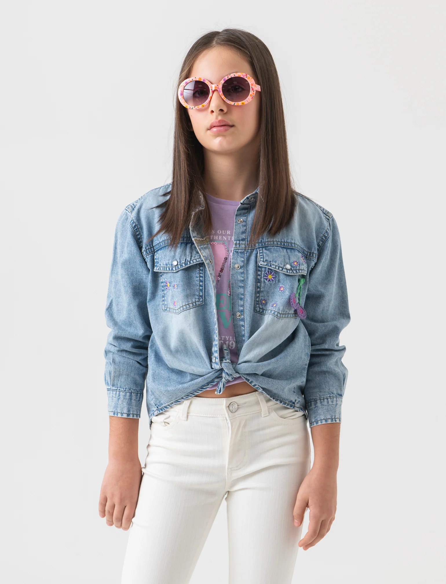 Camicia in denim con ricamo da bambina - Denim