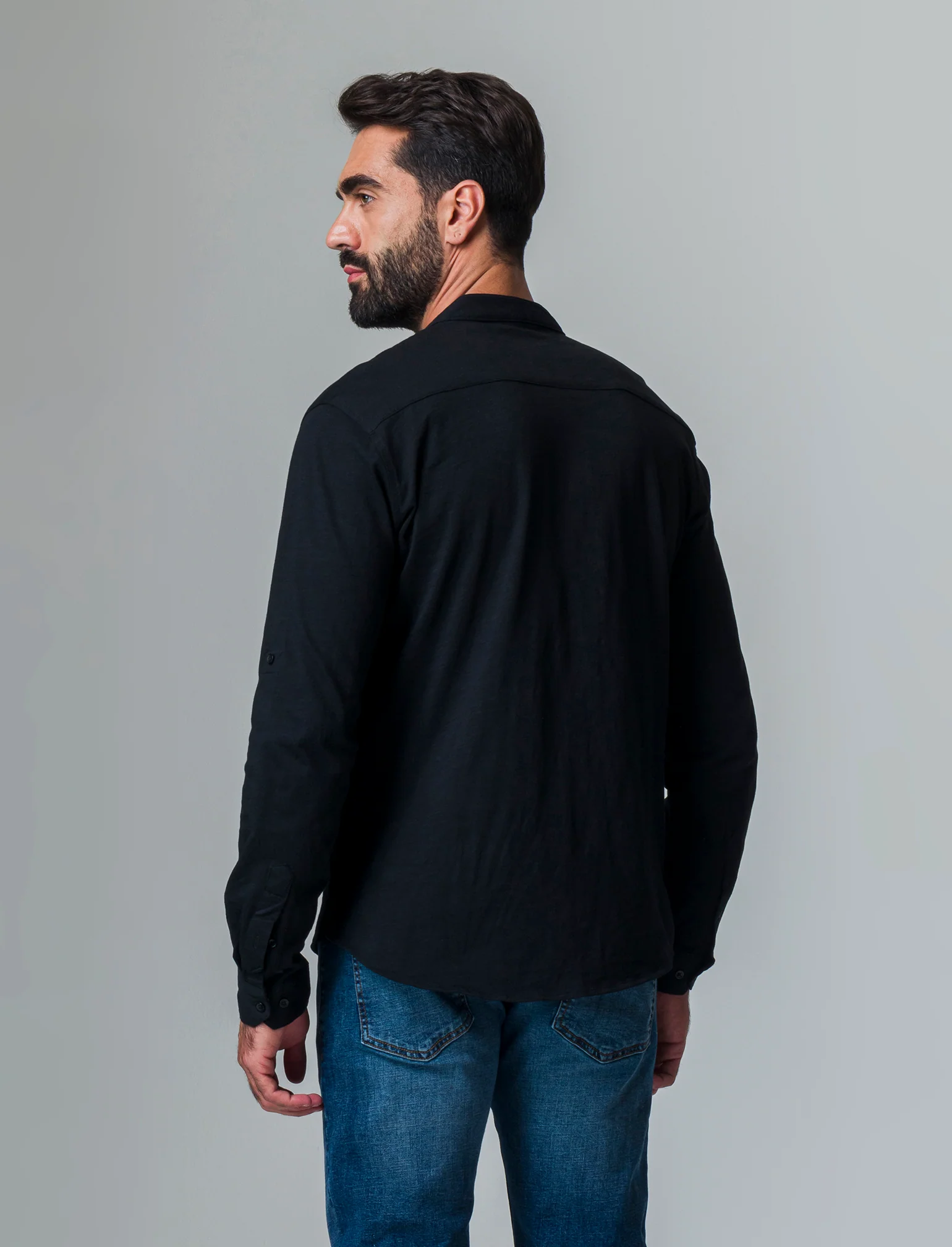 Camicia in jersey slub collo coreano da uomo - Nero