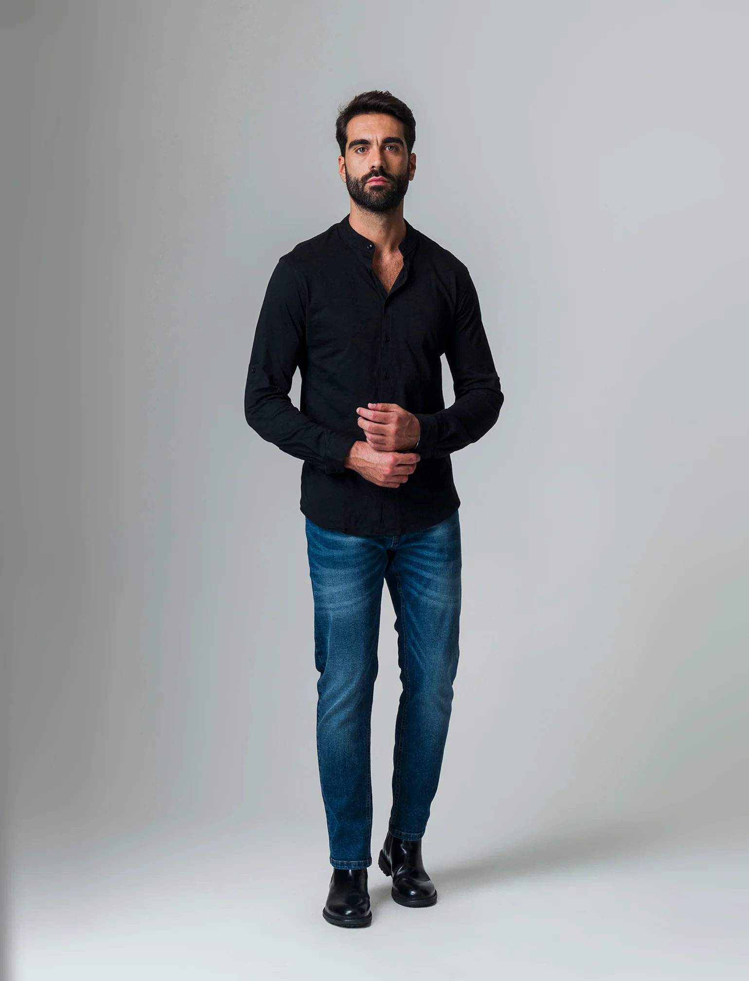 Camicia in jersey slub collo coreano da uomo - Nero - Image 2