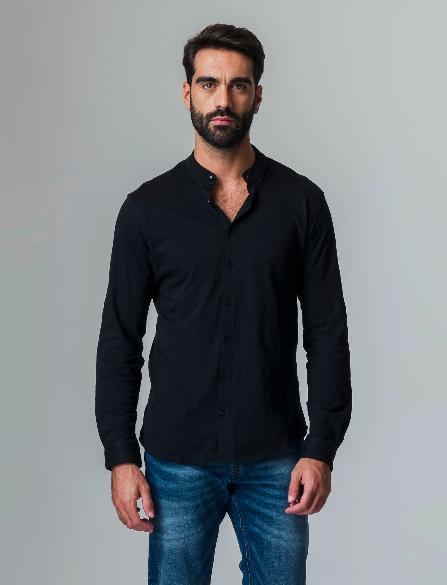 Camicia in jersey slub collo coreano da uomo - Nero - Image 3