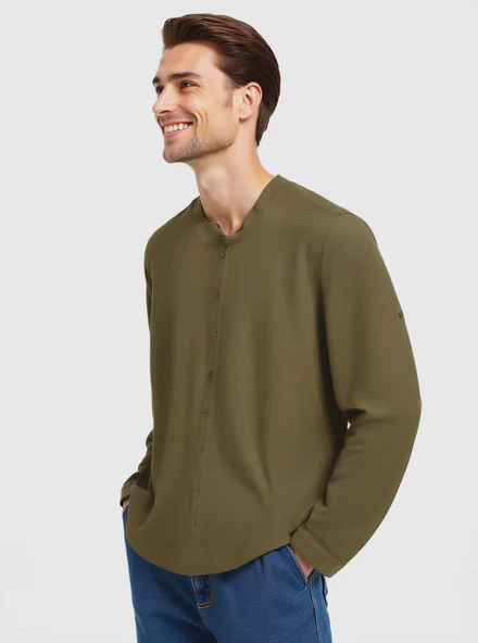 CAMICIA IN JERSEY SLUB COLLO COREANO - Verde oliva