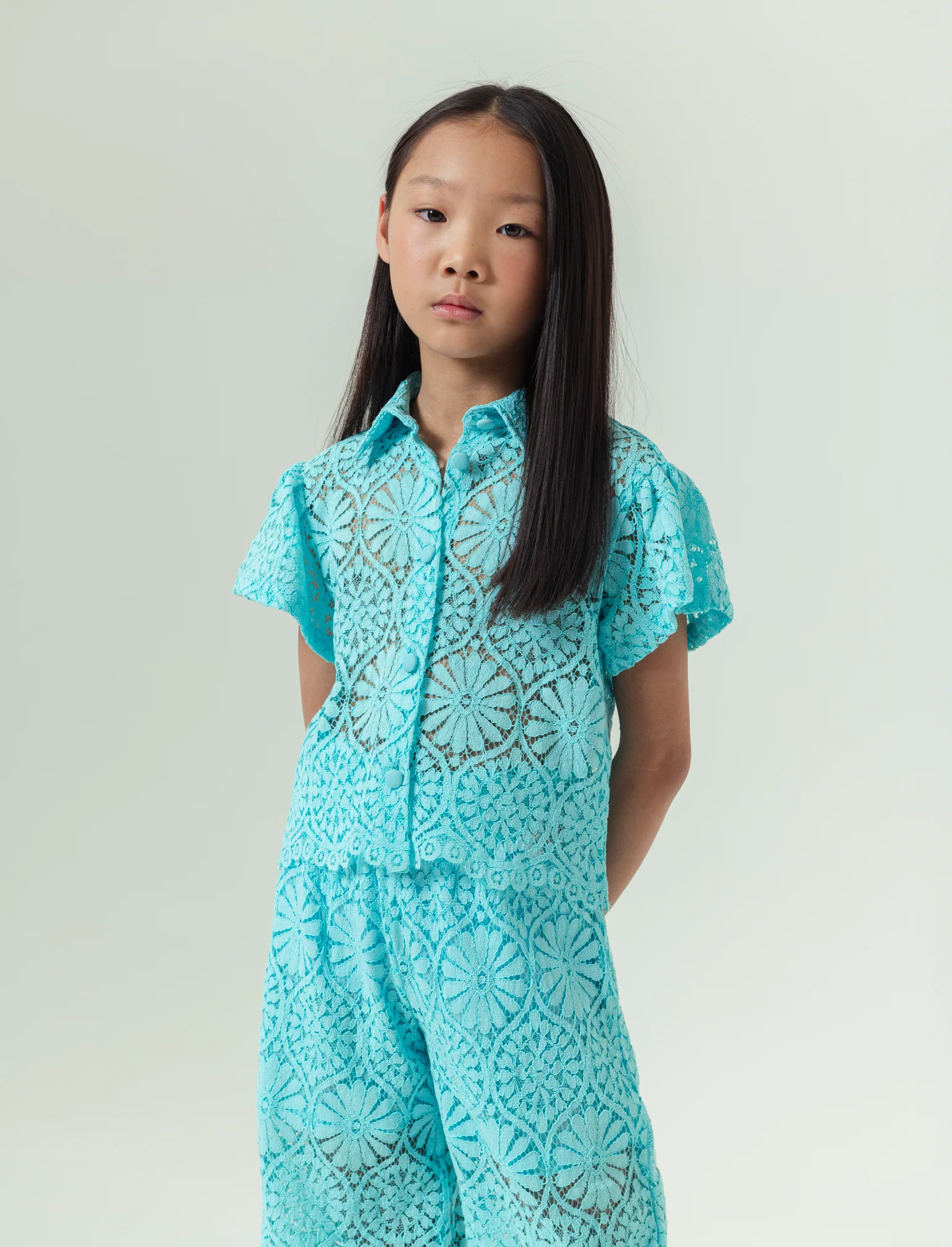 Camicia in pizzo macramè da bambina - Verde acqua - Image 2