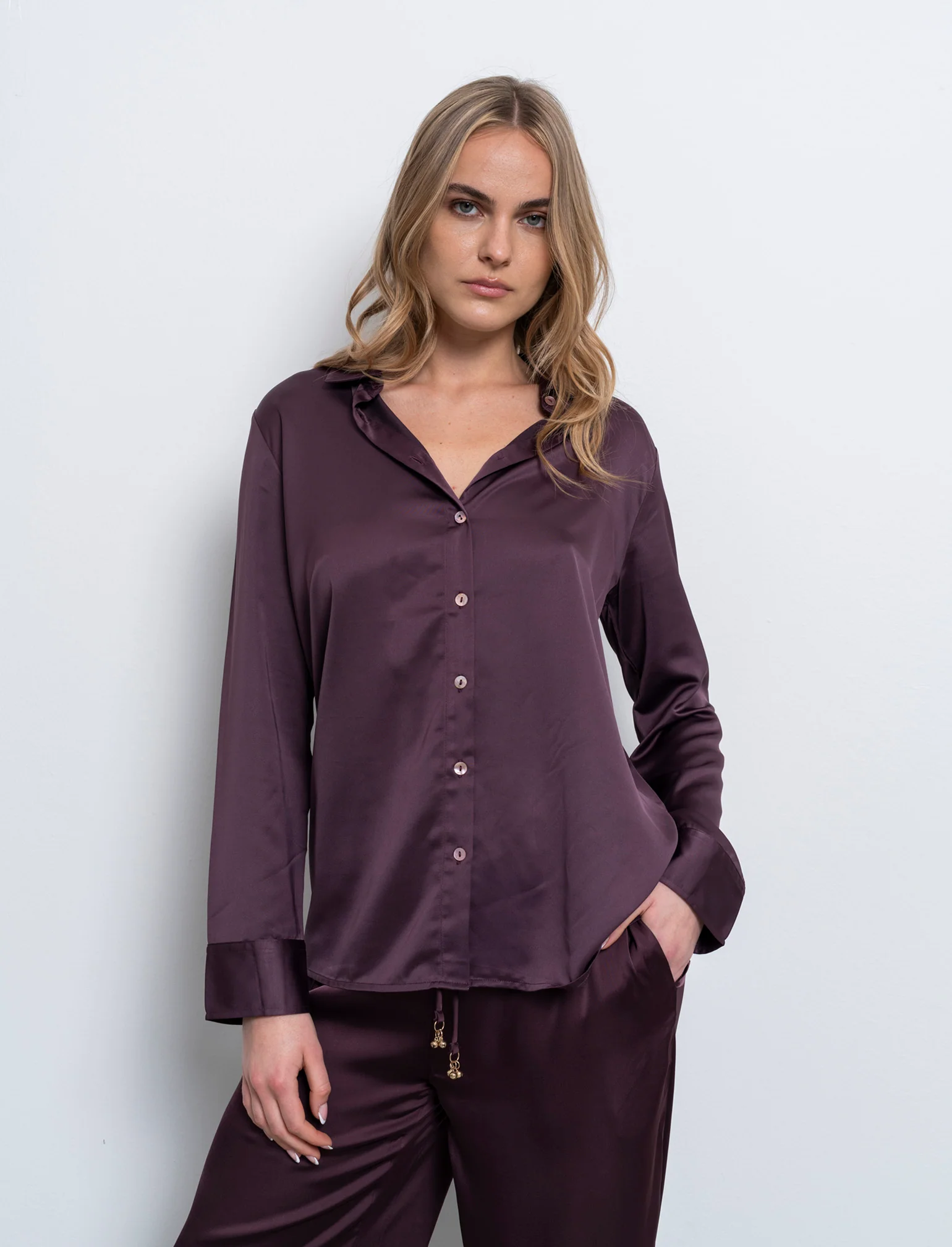 Camicia in satin da donna - Viola - Image 3