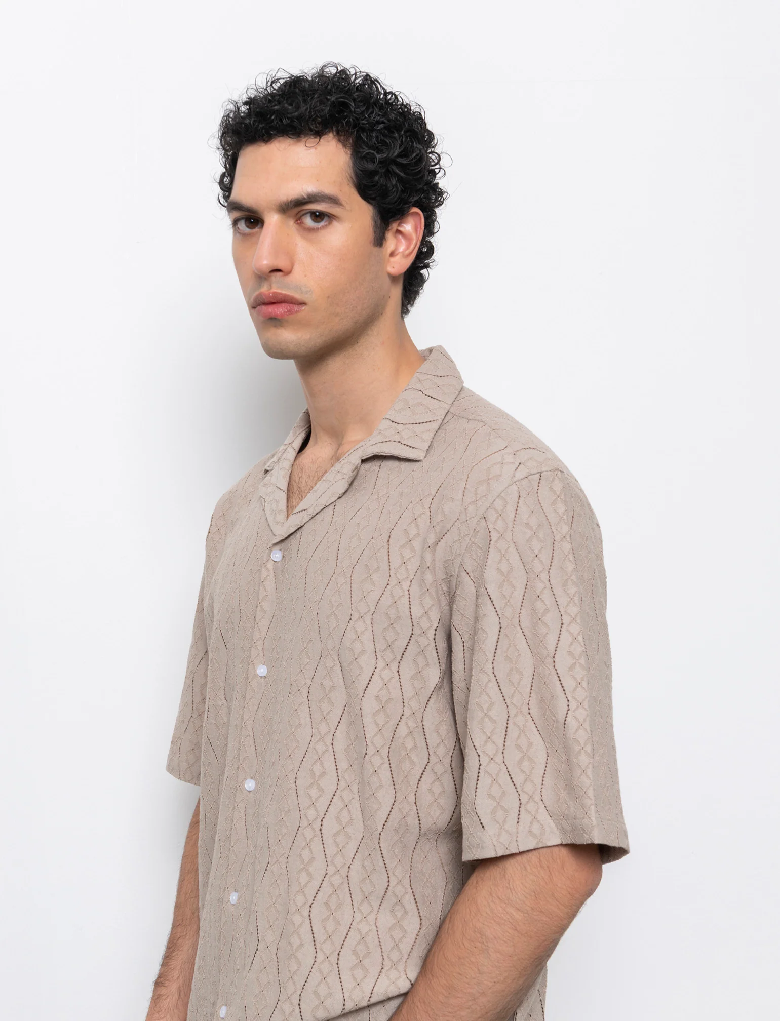 Camicia in tessuto a fantasia jacquard da uomo - Beige - Image 3
