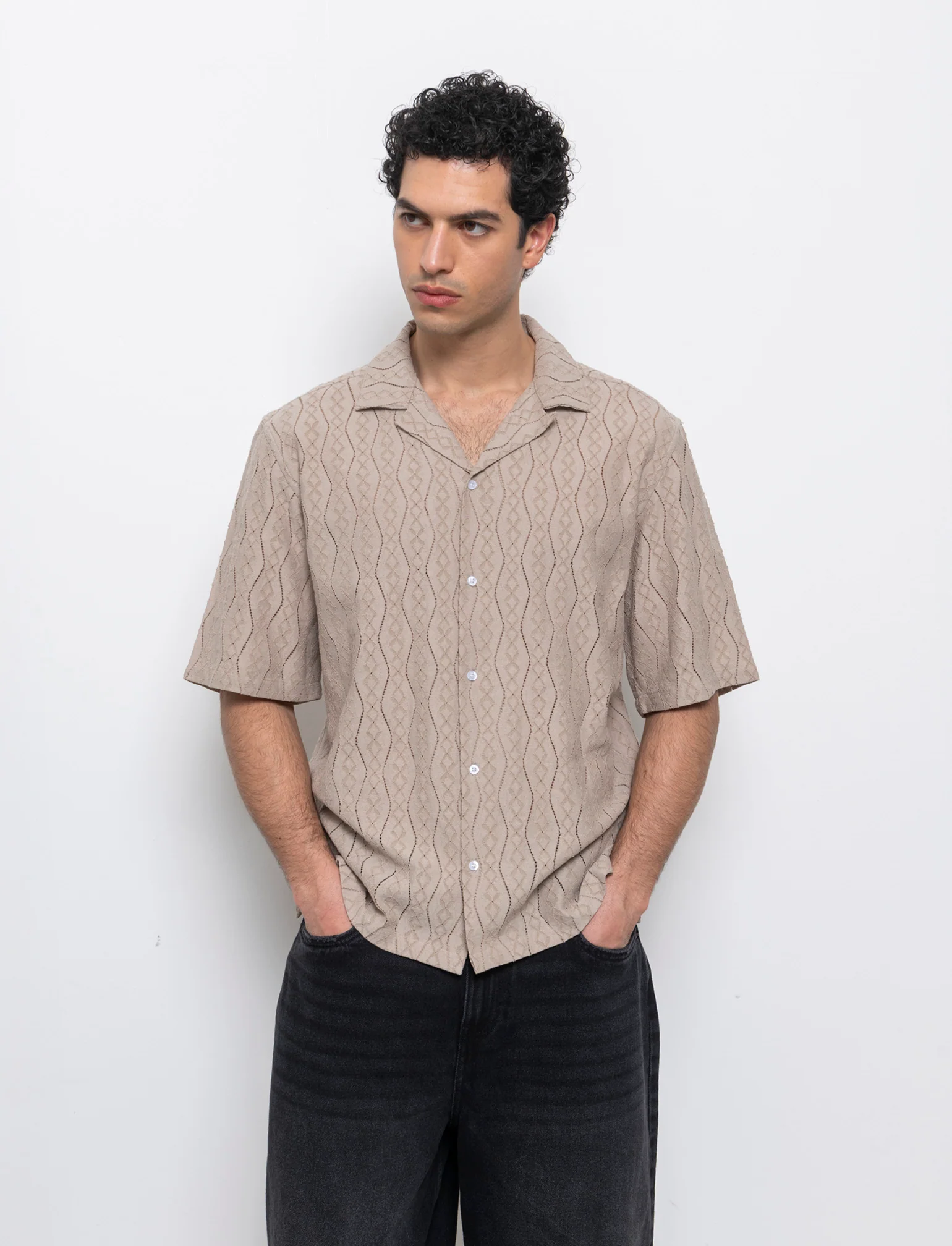 Camicia in tessuto a fantasia jacquard da uomo - Beige - Image 4
