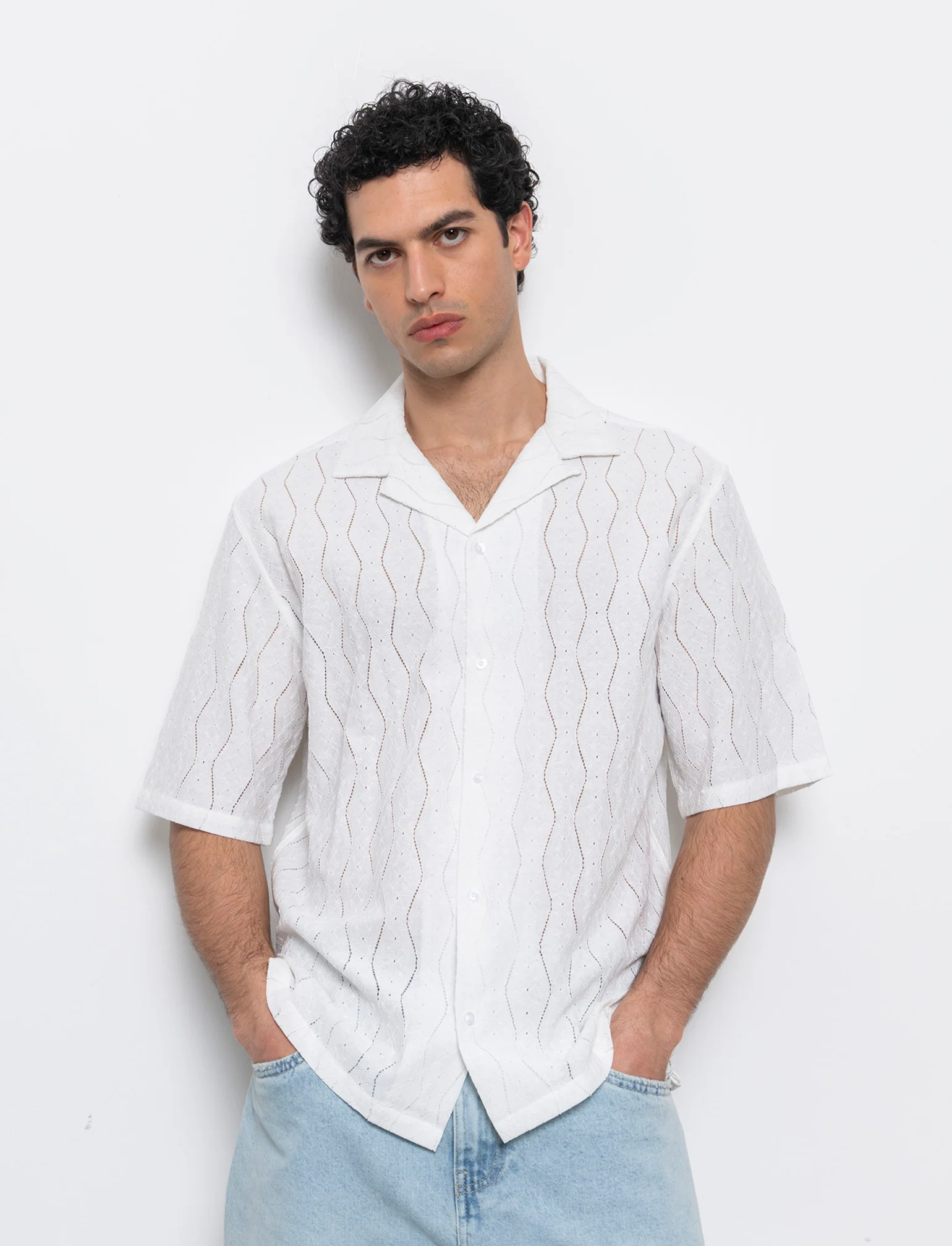 Camicia in tessuto a fantasia jacquard da uomo - Bianco - Image 3
