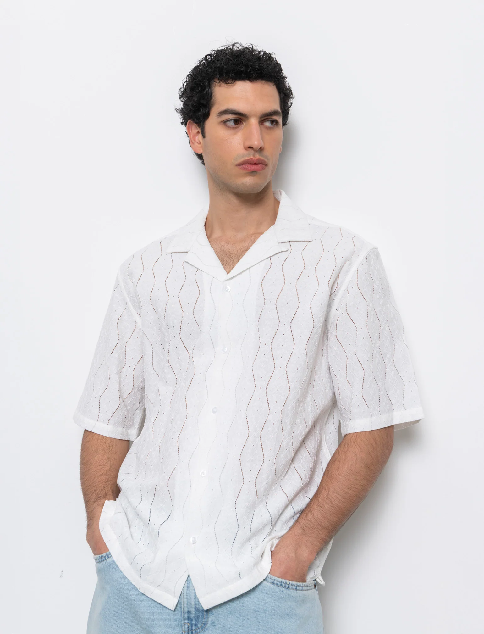 Camicia in tessuto a fantasia jacquard da uomo - Bianco - Image 4