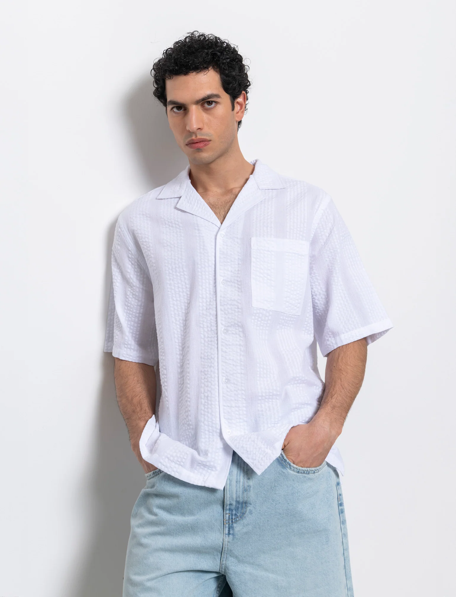Camicia in tessuto ricamato da uomo - Bianco - Image 3