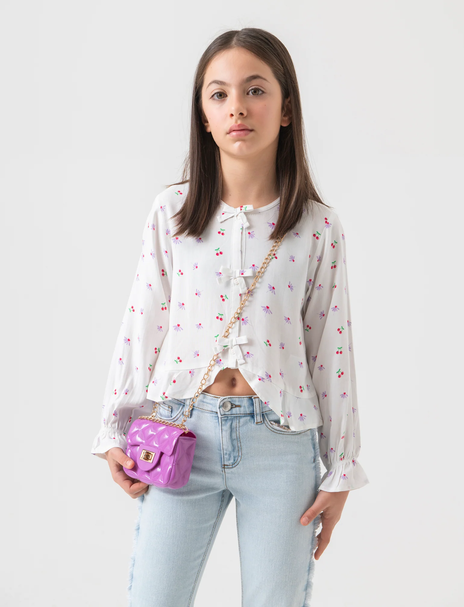 Camicia in viscosa stampata da bambina - Bianco latte