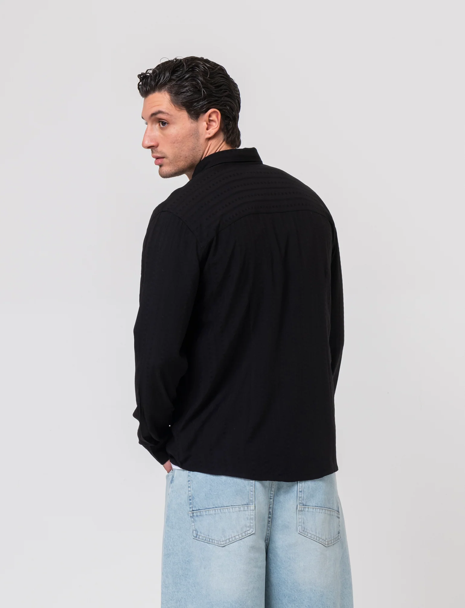 Camicia jacquard effetto riga da uomo - Nero - Image 2