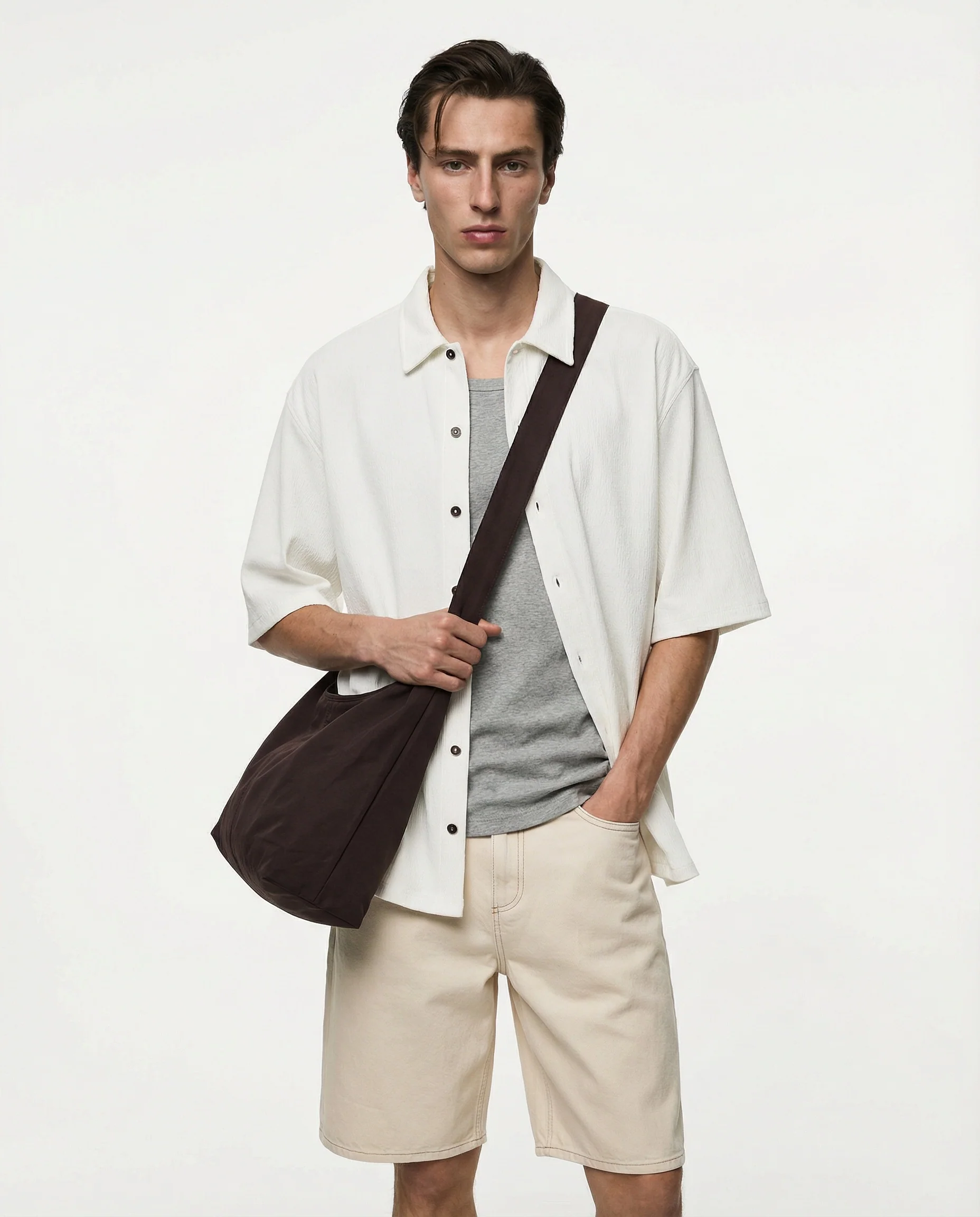 Camicia jacquard manica corta boxy fit - Bianco sporco - Image 3