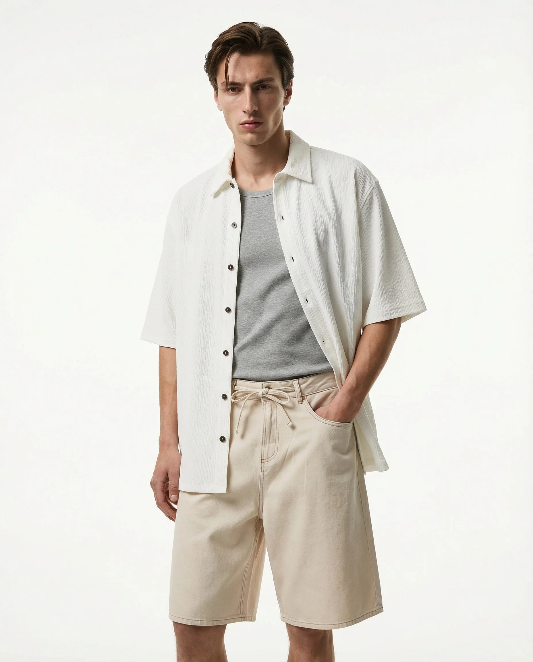 Camicia jacquard manica corta boxy fit - Bianco sporco - Image 4