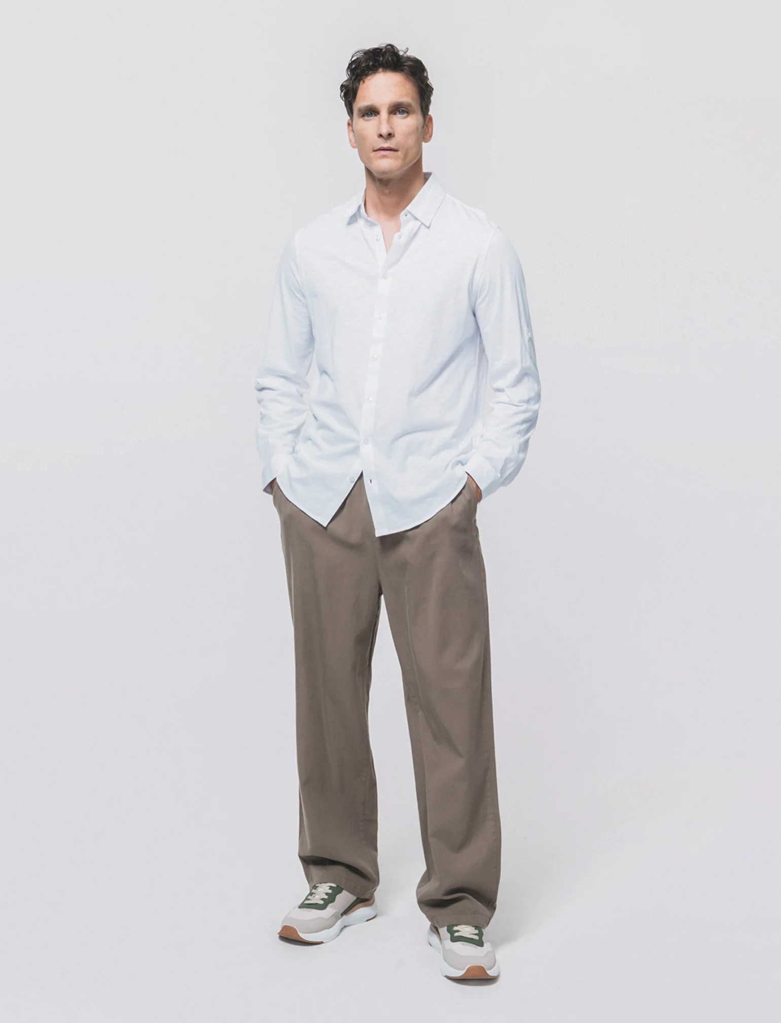 Camicia Jersey Slub Collo Coreano - Bianco - Image 4