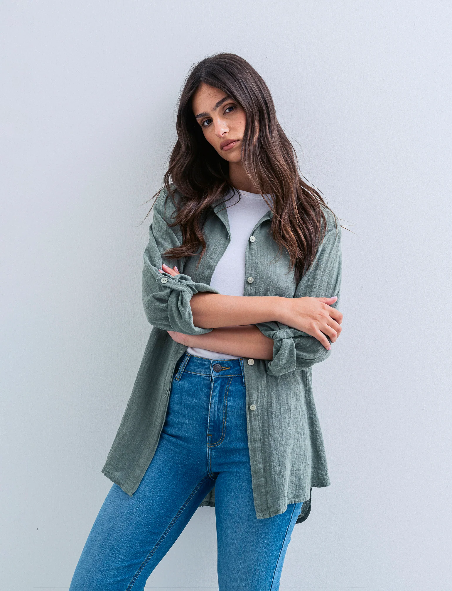 CAMICIA LUNGA IN COTONE - Verde militare