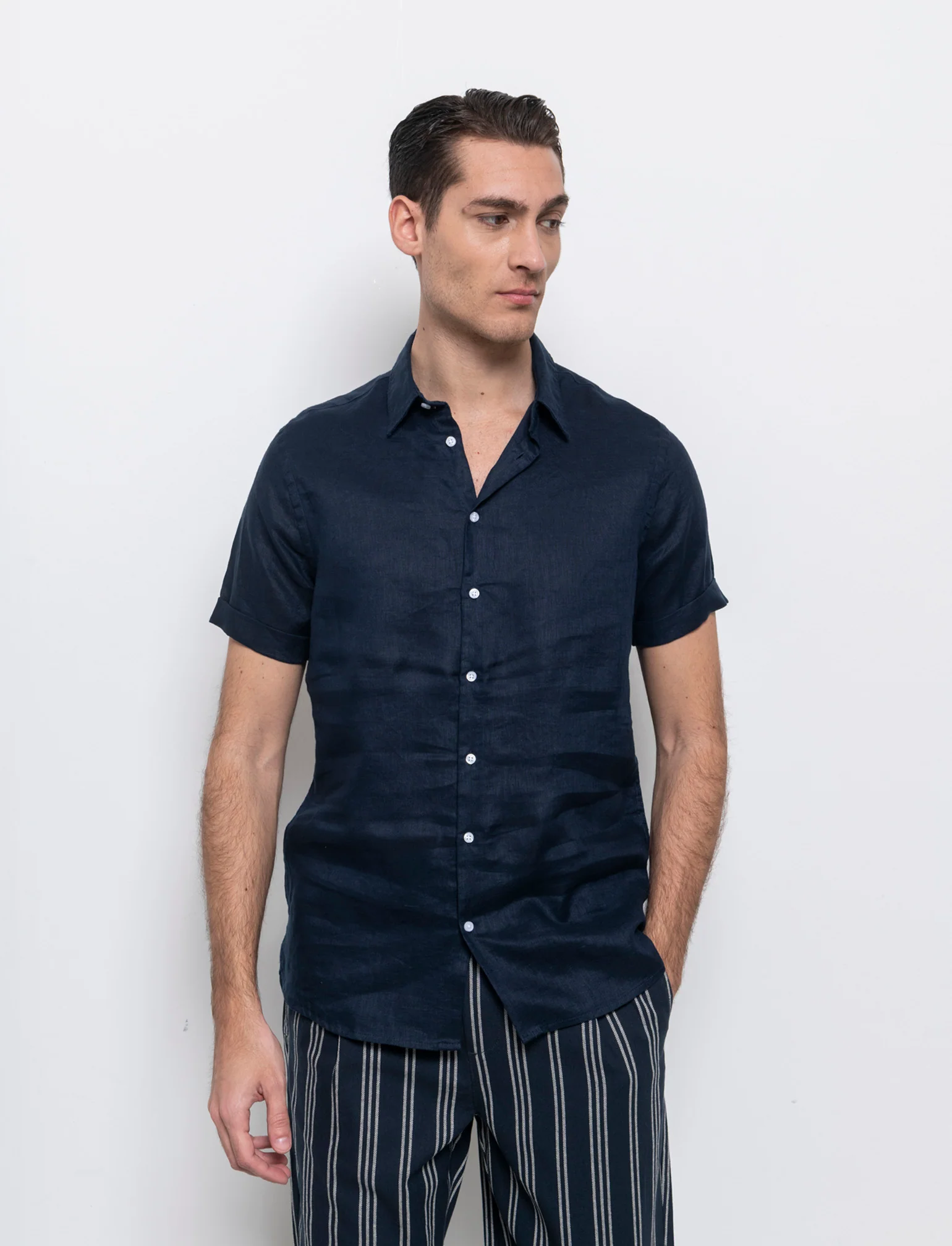 Camicia manica corta 100% lino da uomo - Blu - Image 2