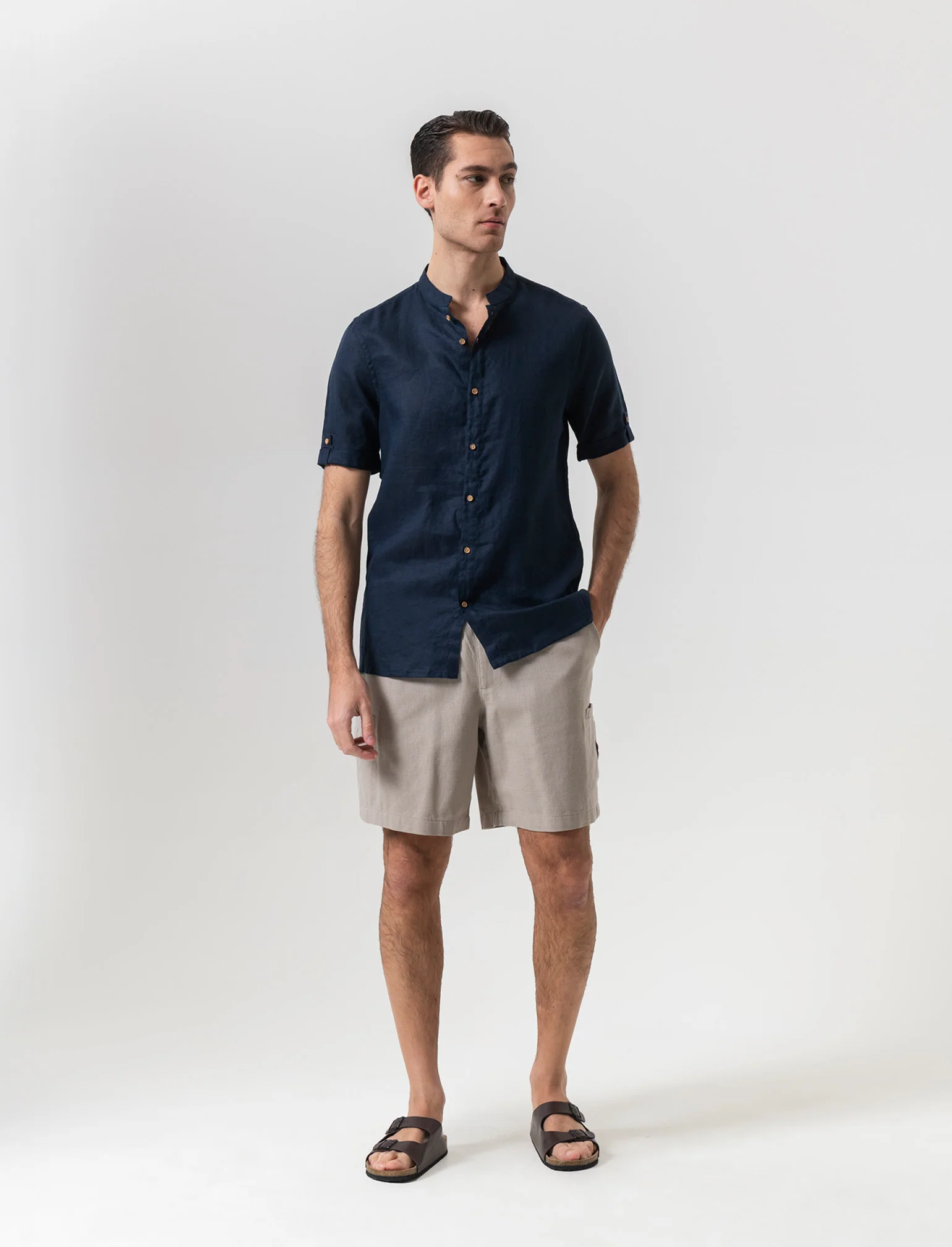 Camicia manica corta 100% lino da uomo - Blu - Image 3