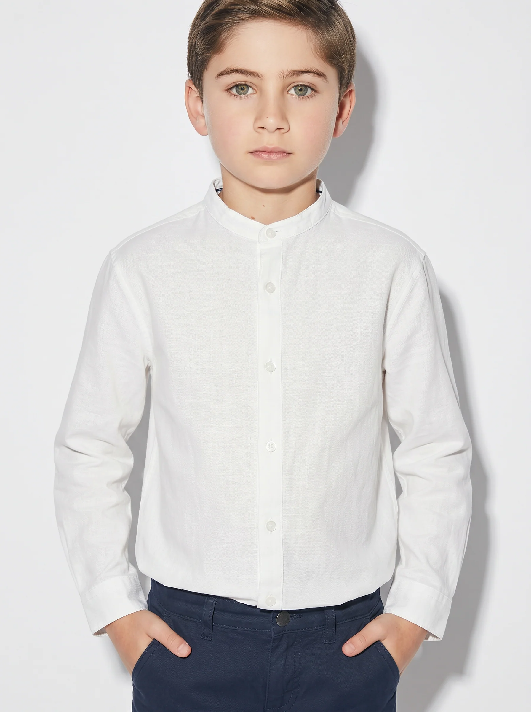 Camicia manica lunga con collo coreano - Bianco latte - Image 3