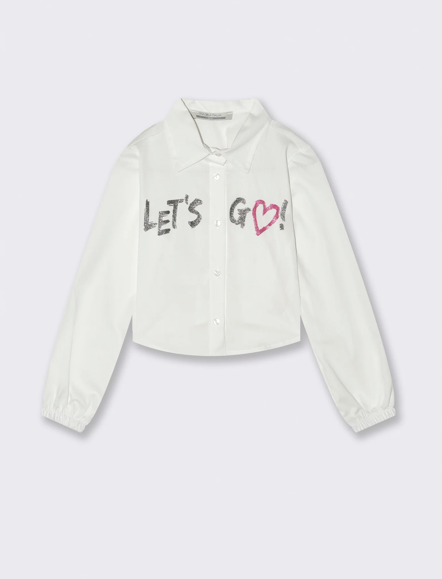 Camicia manica lunga cropped da bambina con stampa brillante. - Bianco