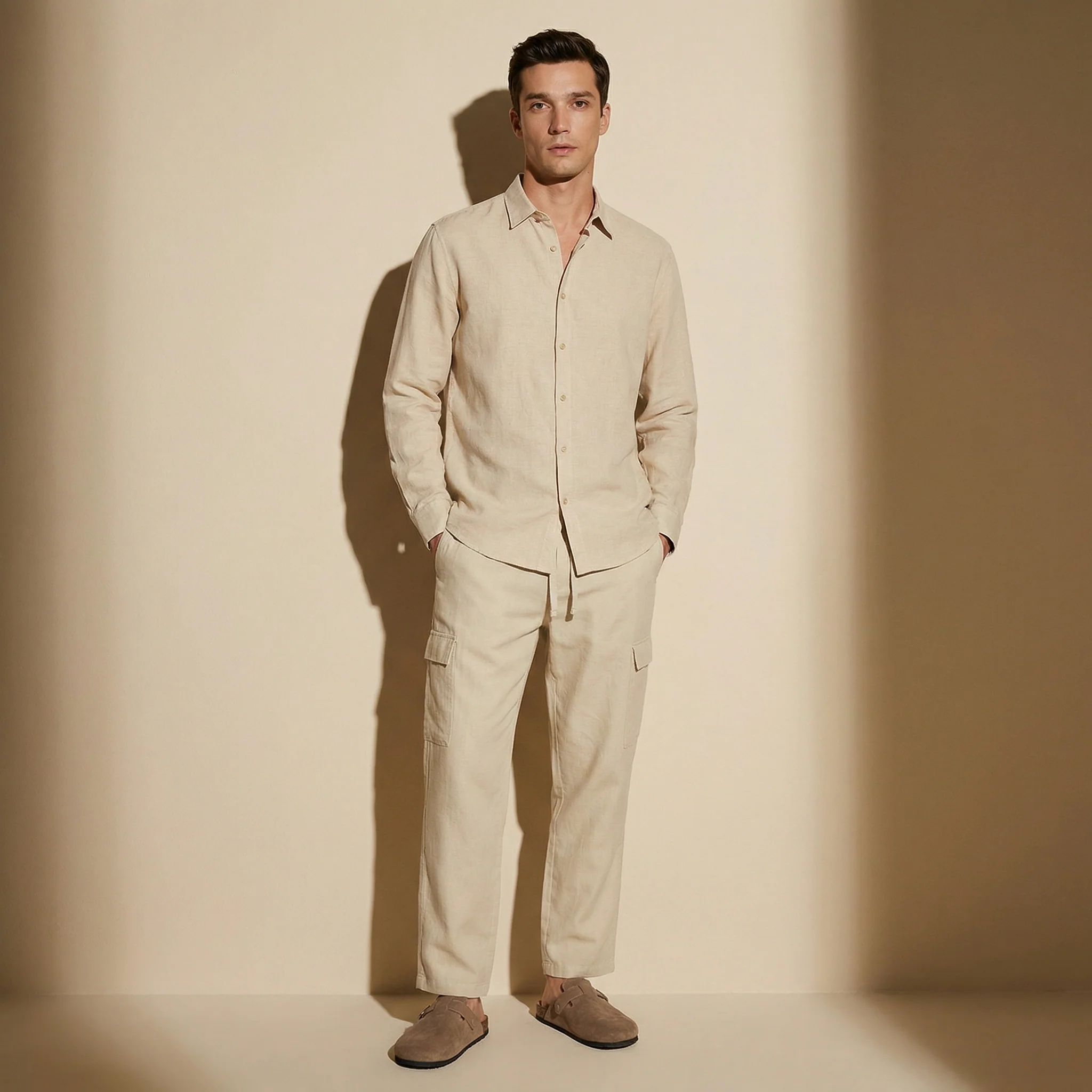 Camicia melange in cotone e lino - Beige ecru - Image 3