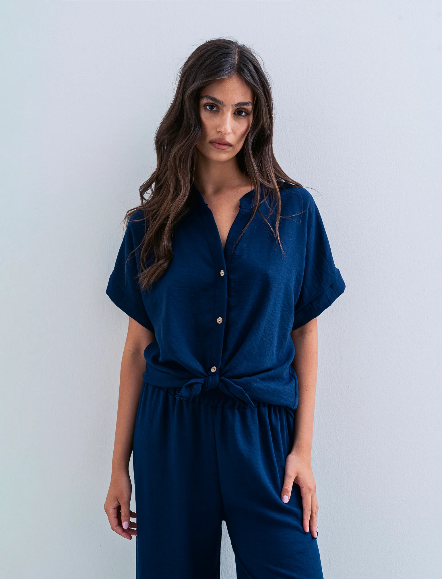 Camicia mezza manica collo coreana - Blu