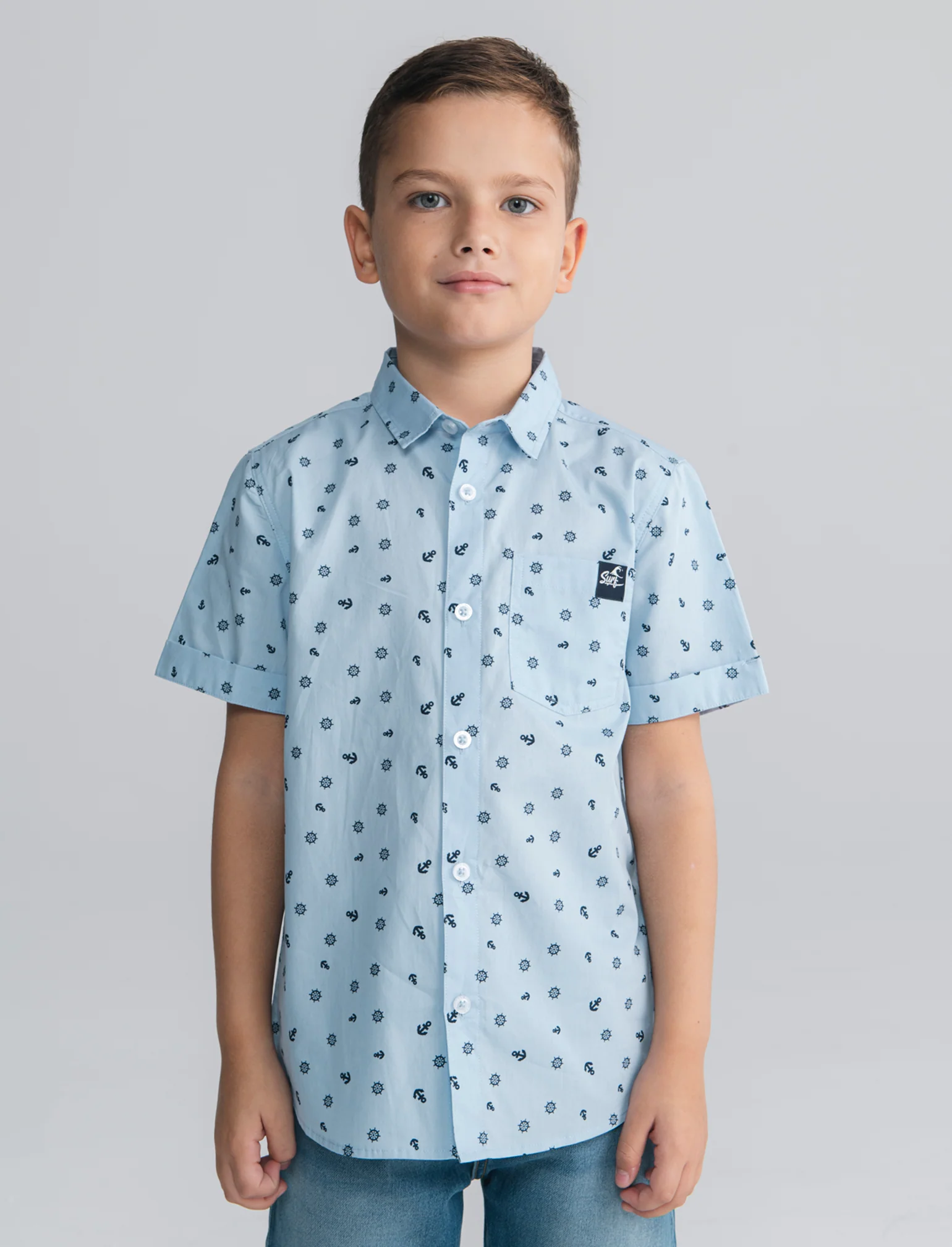 Camicia mezza manica micro-stampa cotone - Azzurro - Image 3
