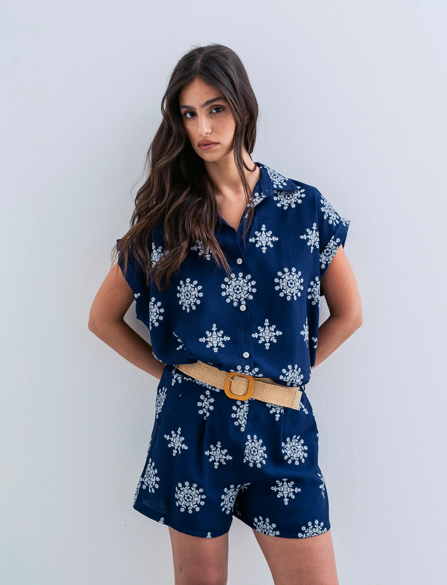 Camicia mezza manica tessuto ricamato - Blu