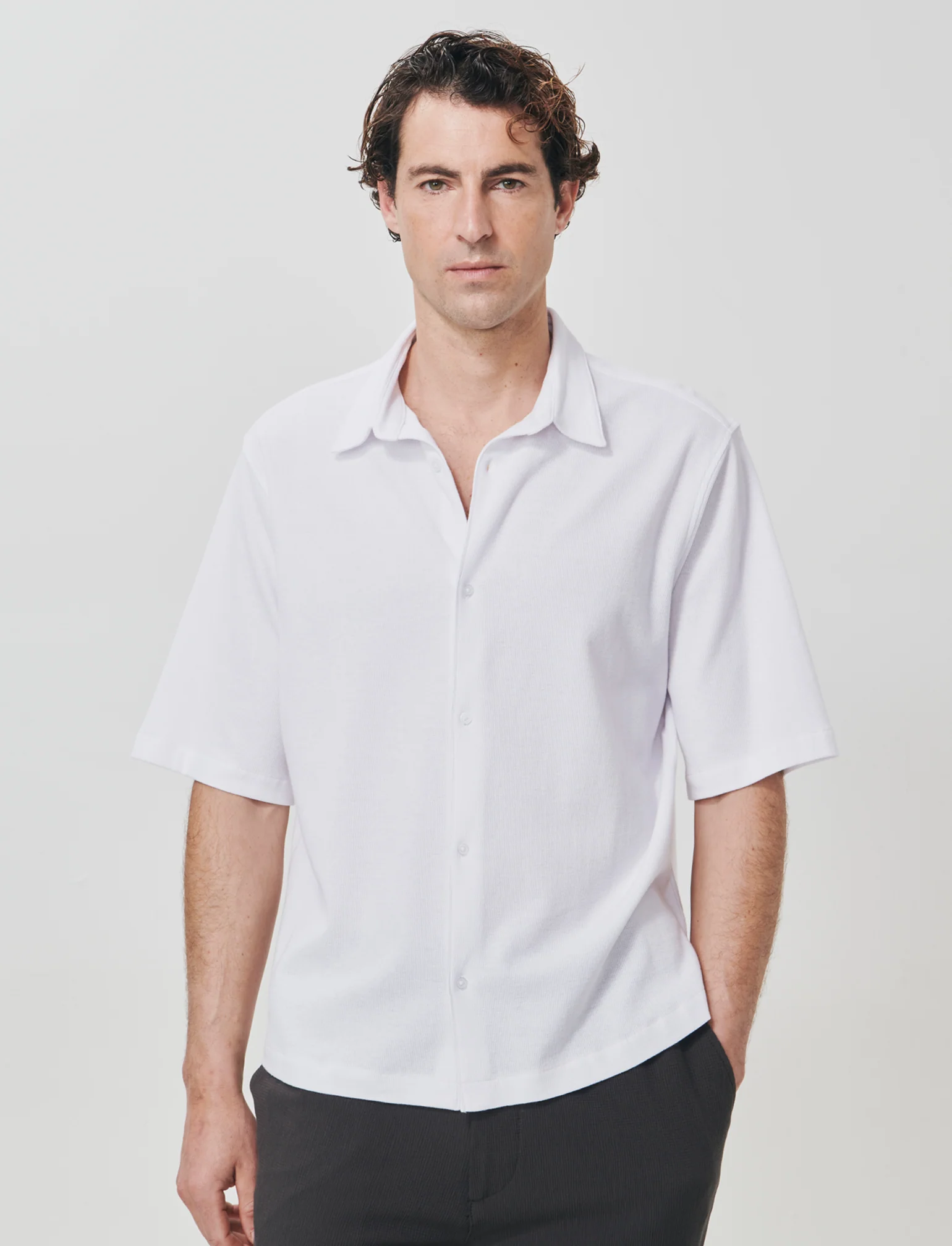 Camicia Micro Waffle con Colletto Francese - Bianco - Image 3