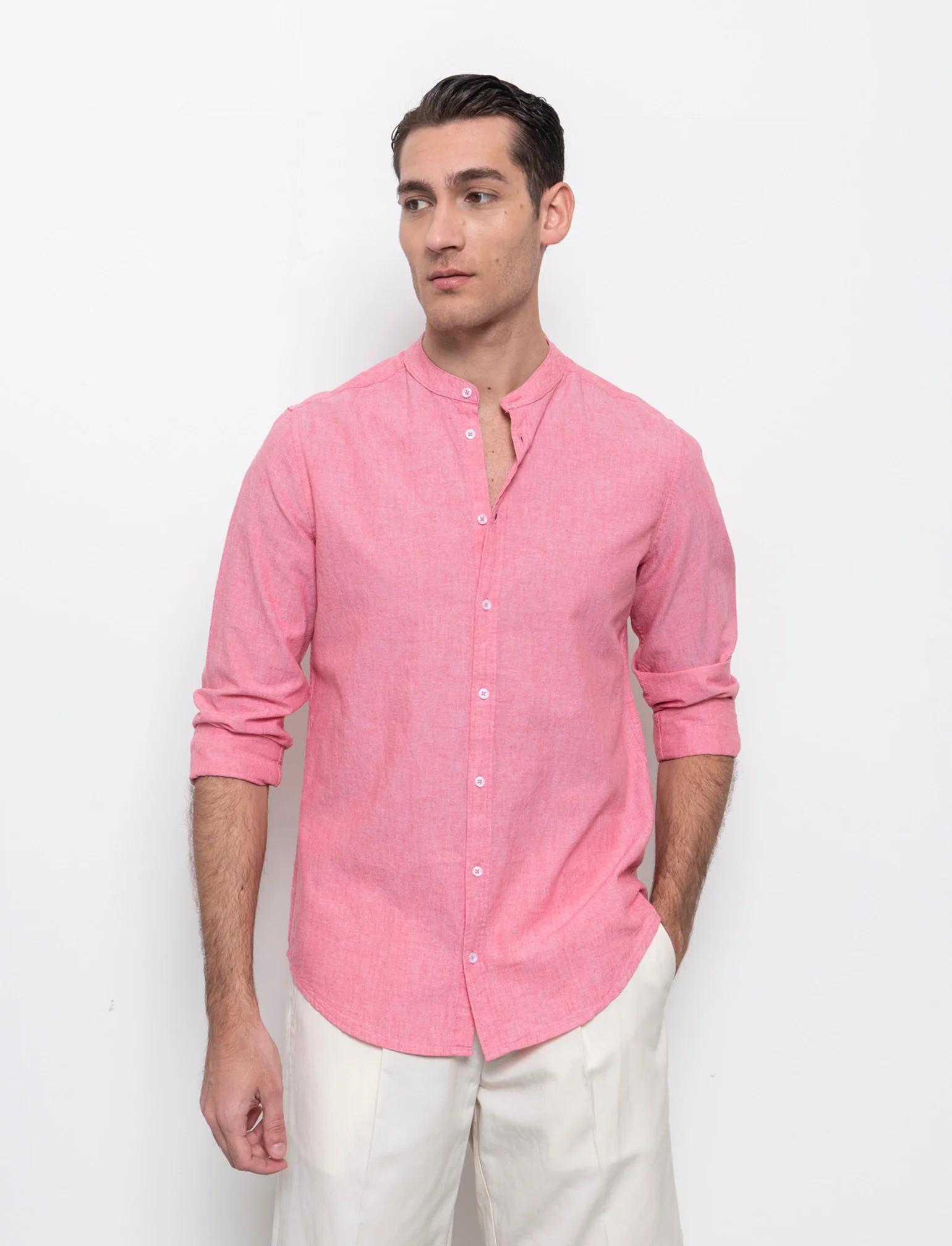 Camicia misto lino effetto melange da uomo - Corallo - Image 3