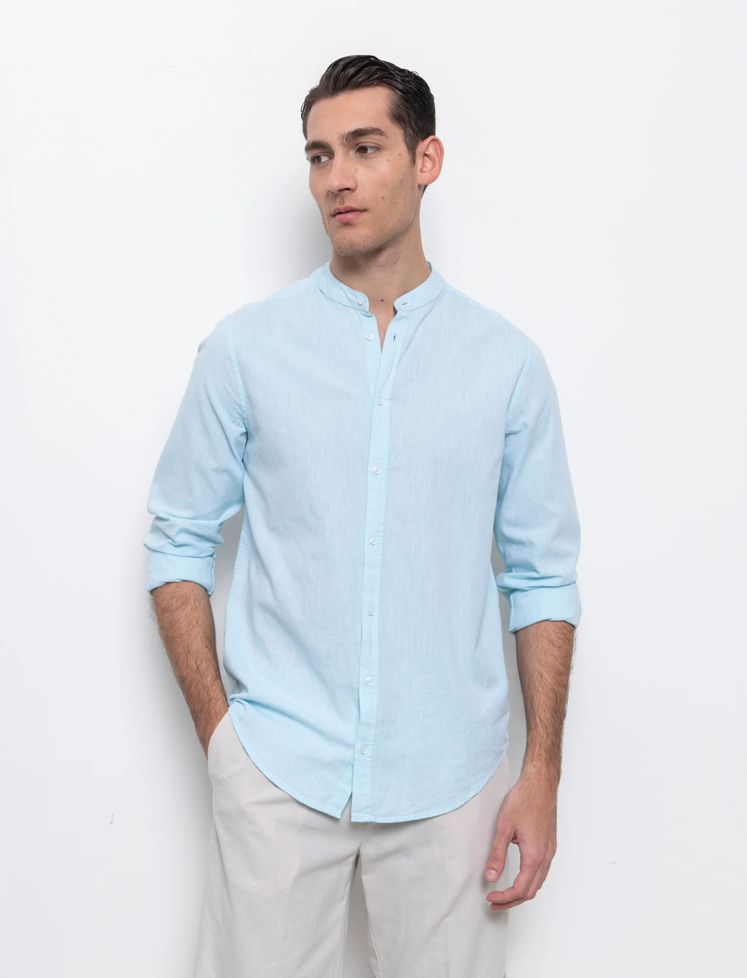Camicia misto lino effetto melange da uomo - Verde acqua - Image 3