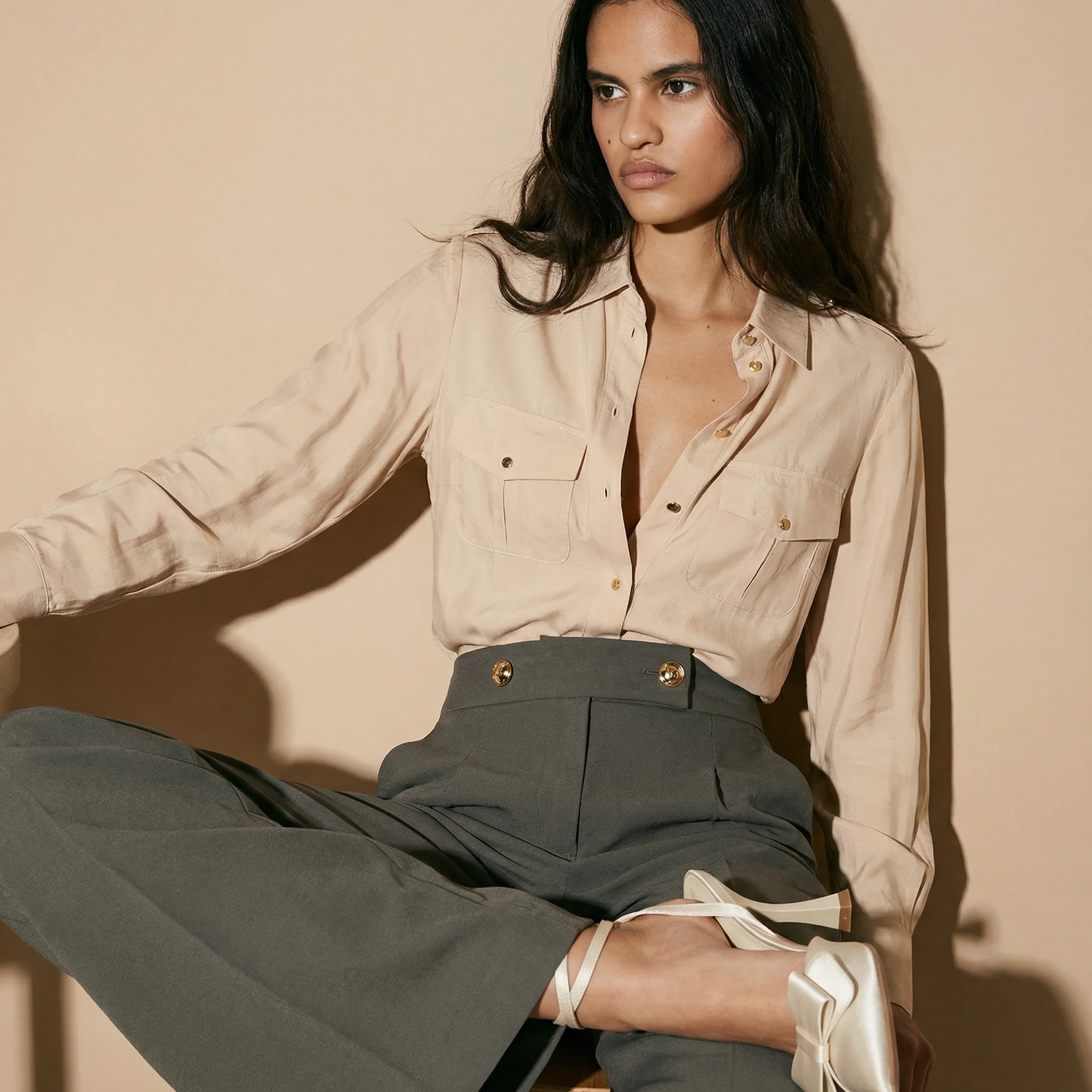 Camicia morbida manica lunga con tasche - Cuoio - Image 3