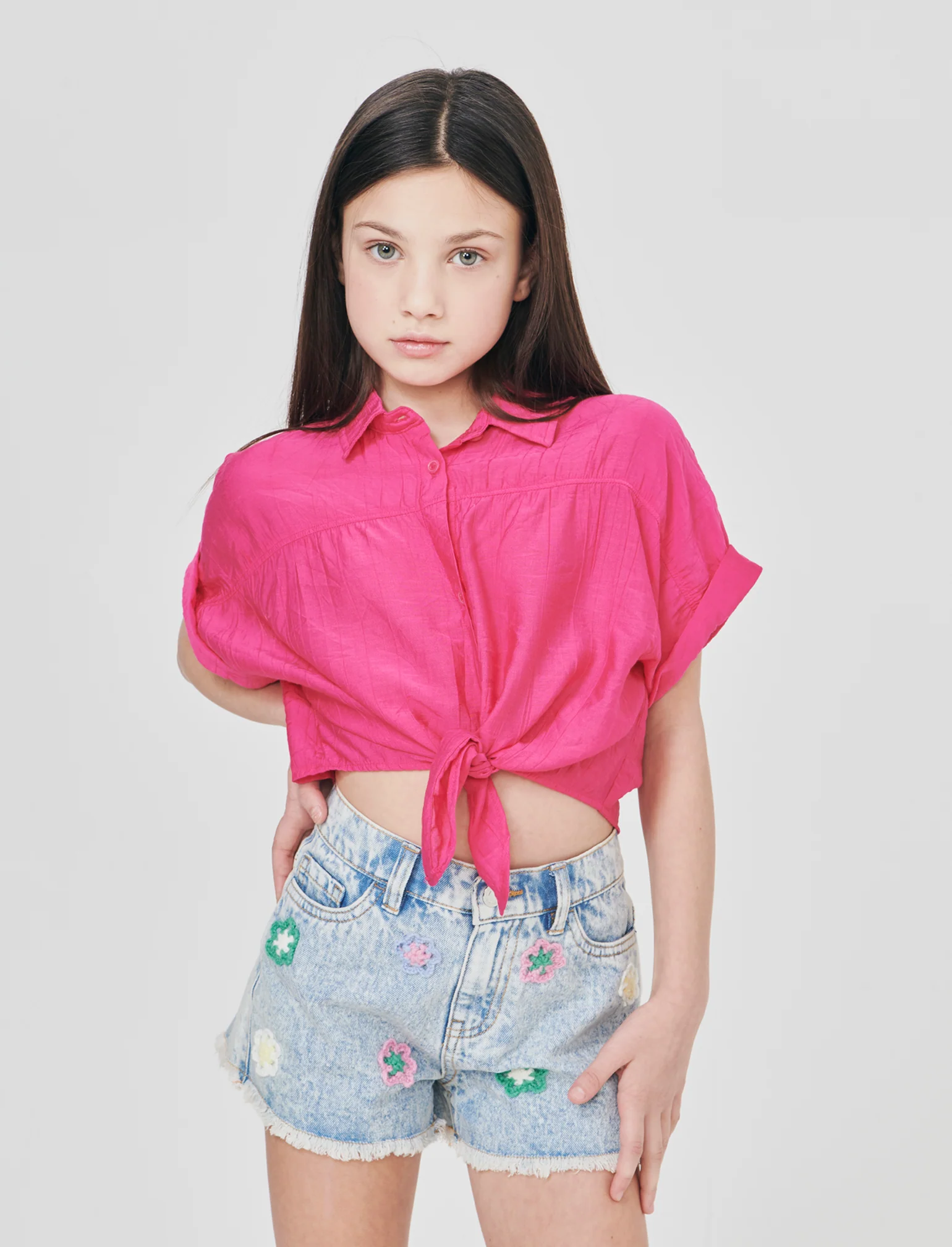 Camicia over annodata in tessuto goffrato - Fuxia - Image 3