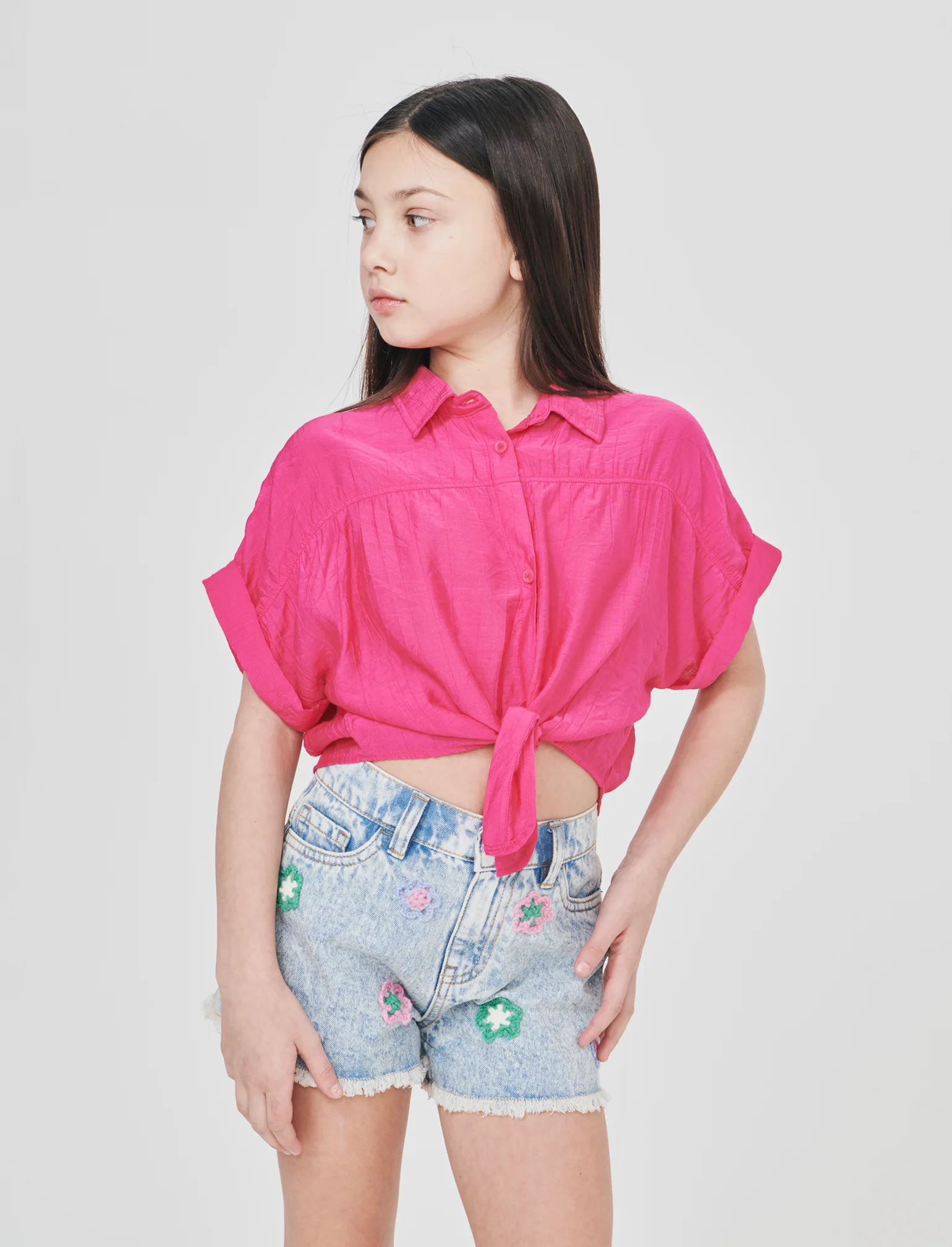 Camicia over annodata in tessuto goffrato - Fuxia - Image 4