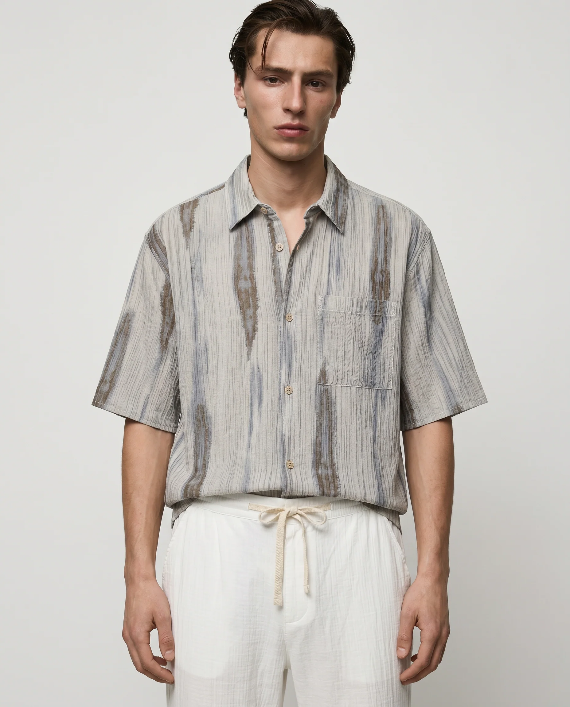 Camicia plissettata con stampa astratta - Grigio
