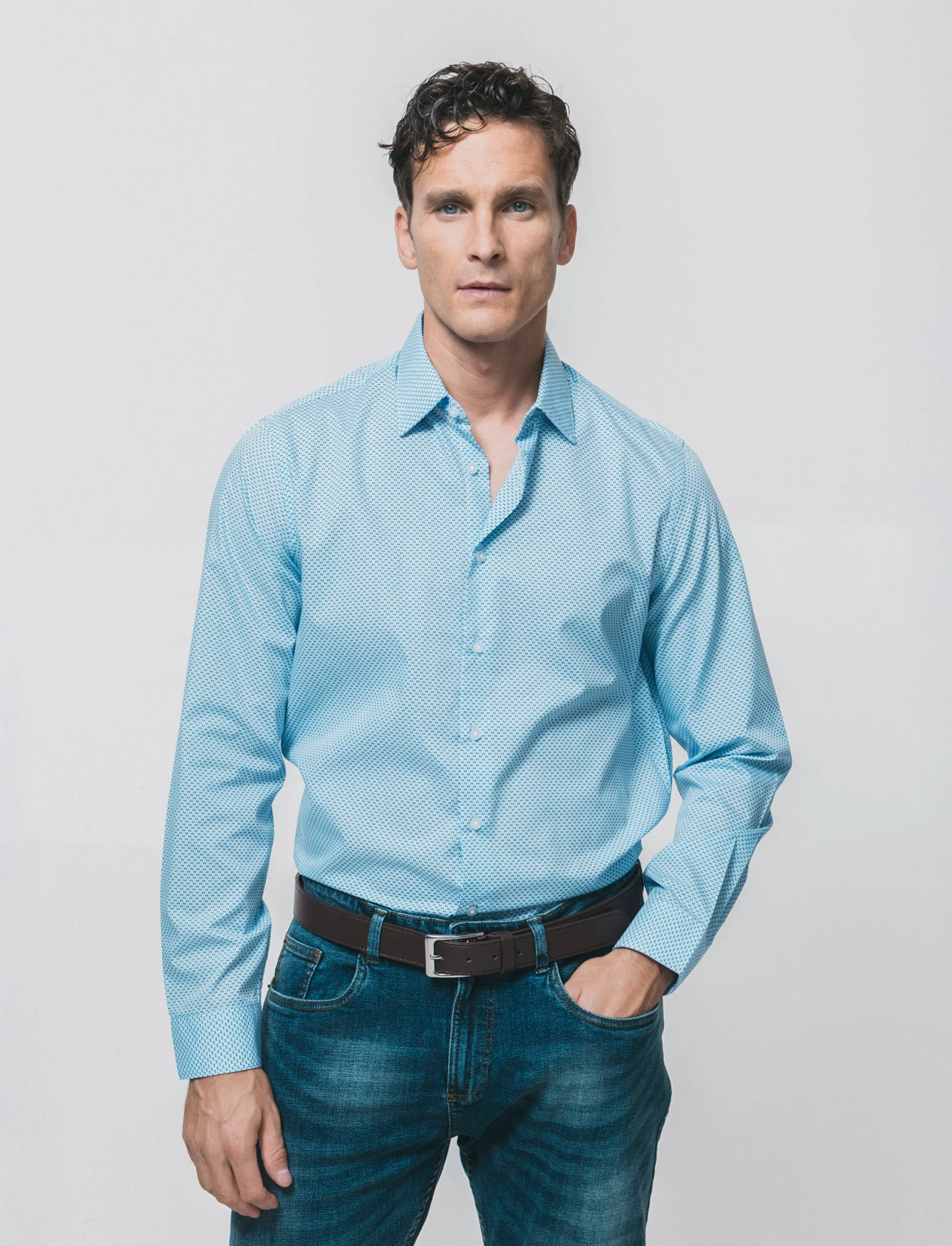 Camicia Regular Fit Micro Fantasia - Celeste - Image 3