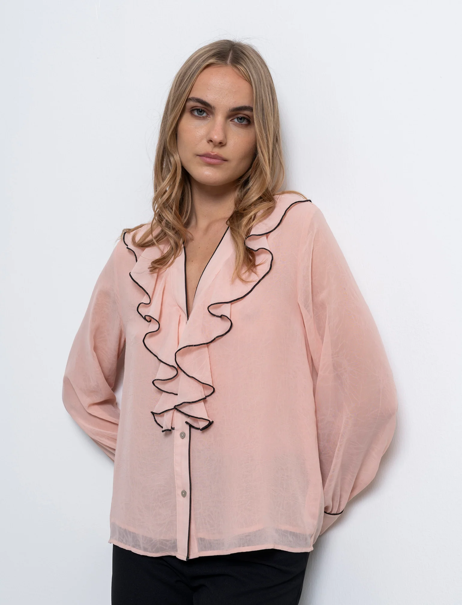 Camicia scollo a v e rusche da donna - Beige carne
