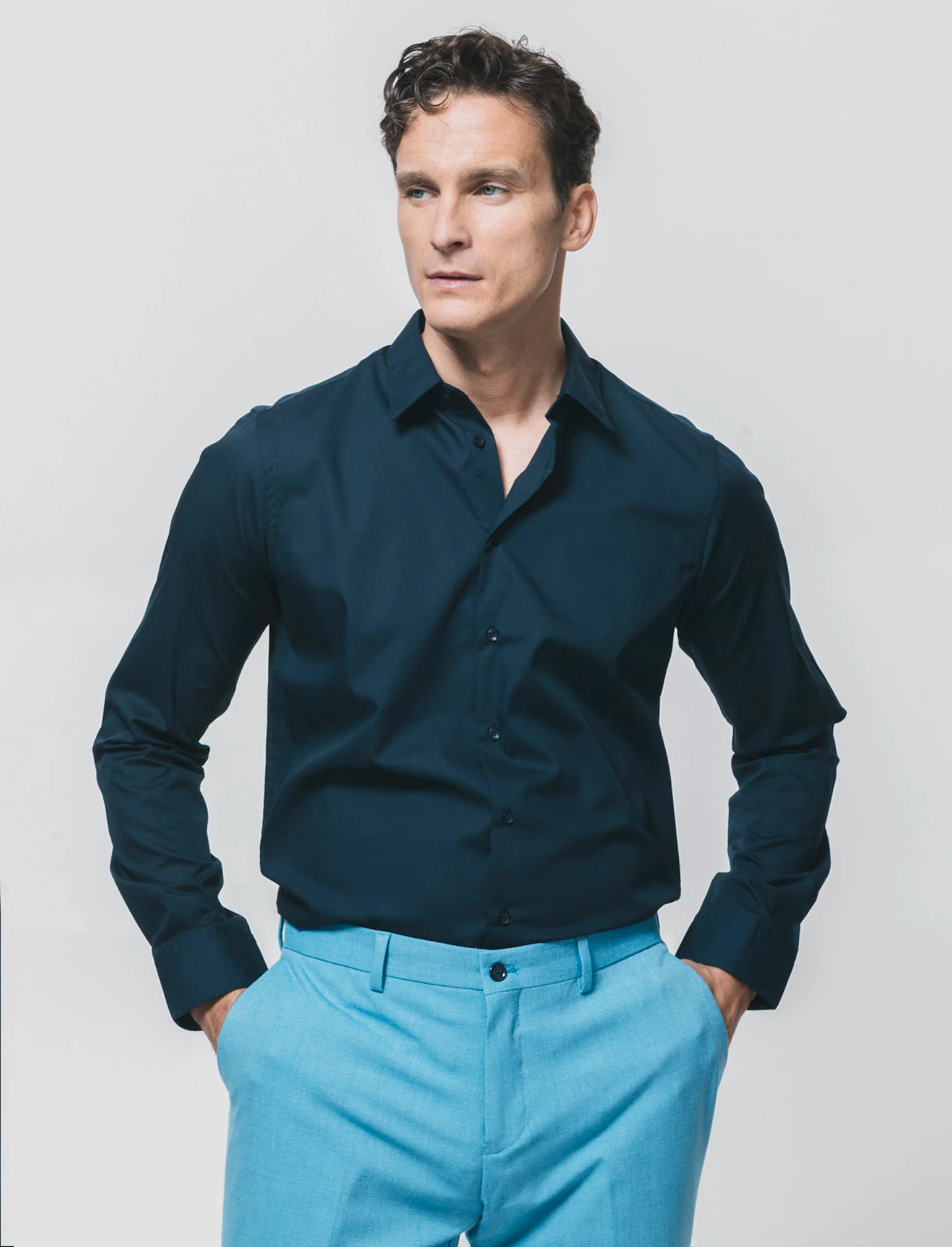 Camicia Slim Fit Easy Iron in Cotone - Blu