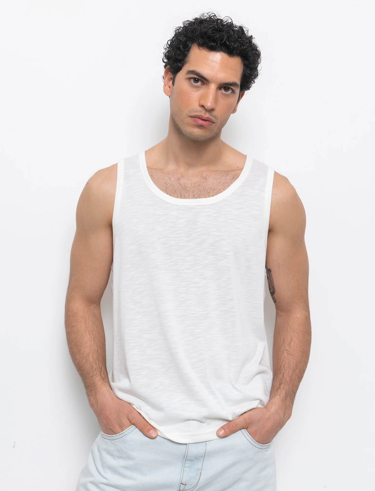 Canotta cropped in tessuto slub da uomo - Beige ecru