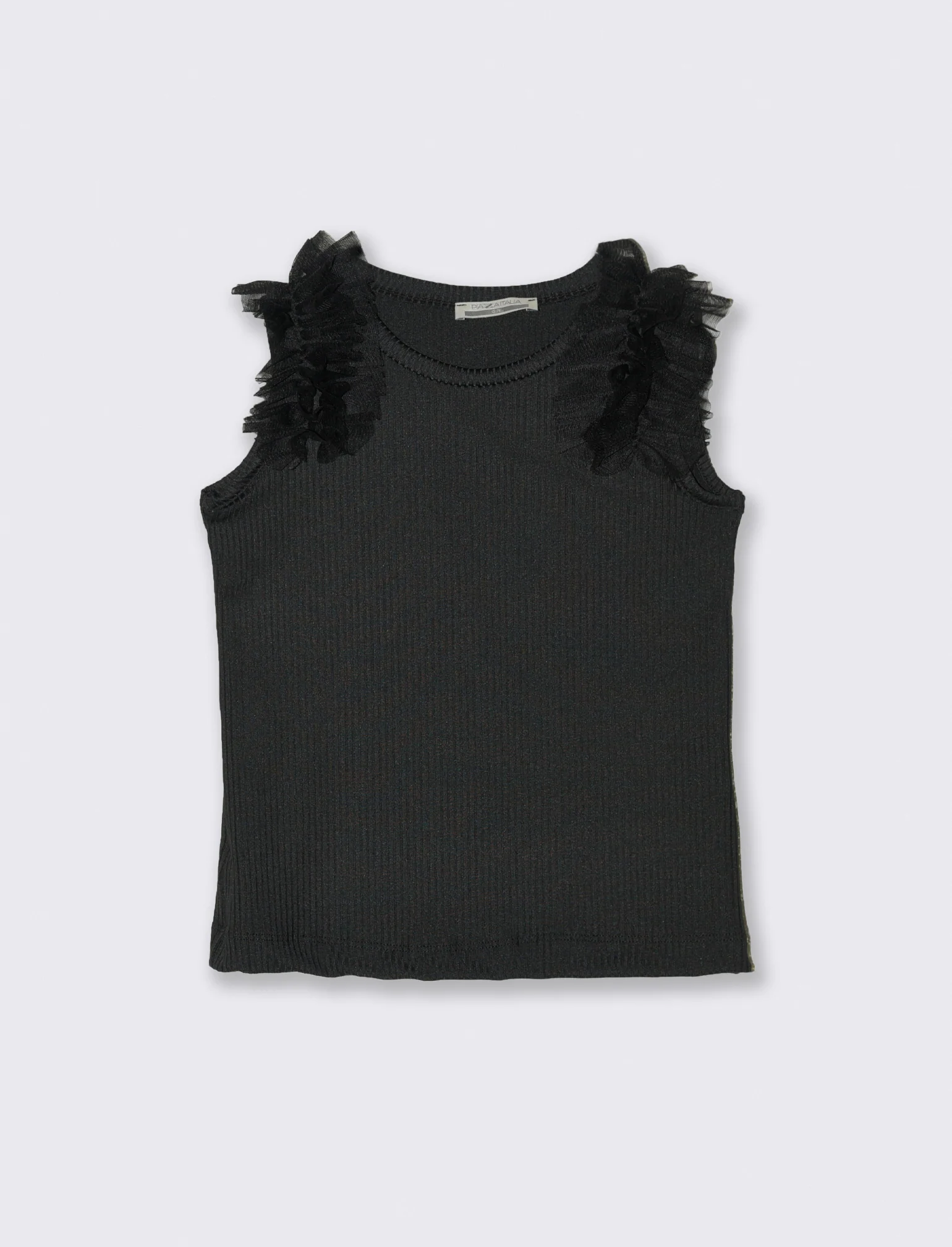 Canotta in costina elastica con rouches in tulle sulle spalle. - Nero