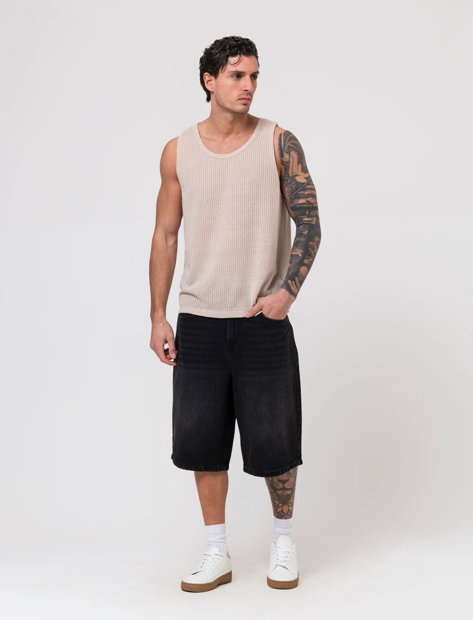 Canotta in tessuto a coste effetto maglia da uomo - Beige - Image 3