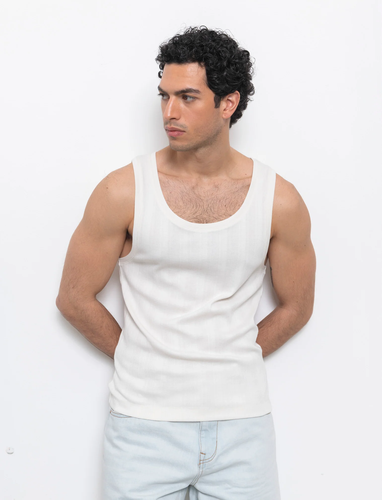 Canotta in tessuto a coste effetto maglia da uomo - Beige ecru - Image 3