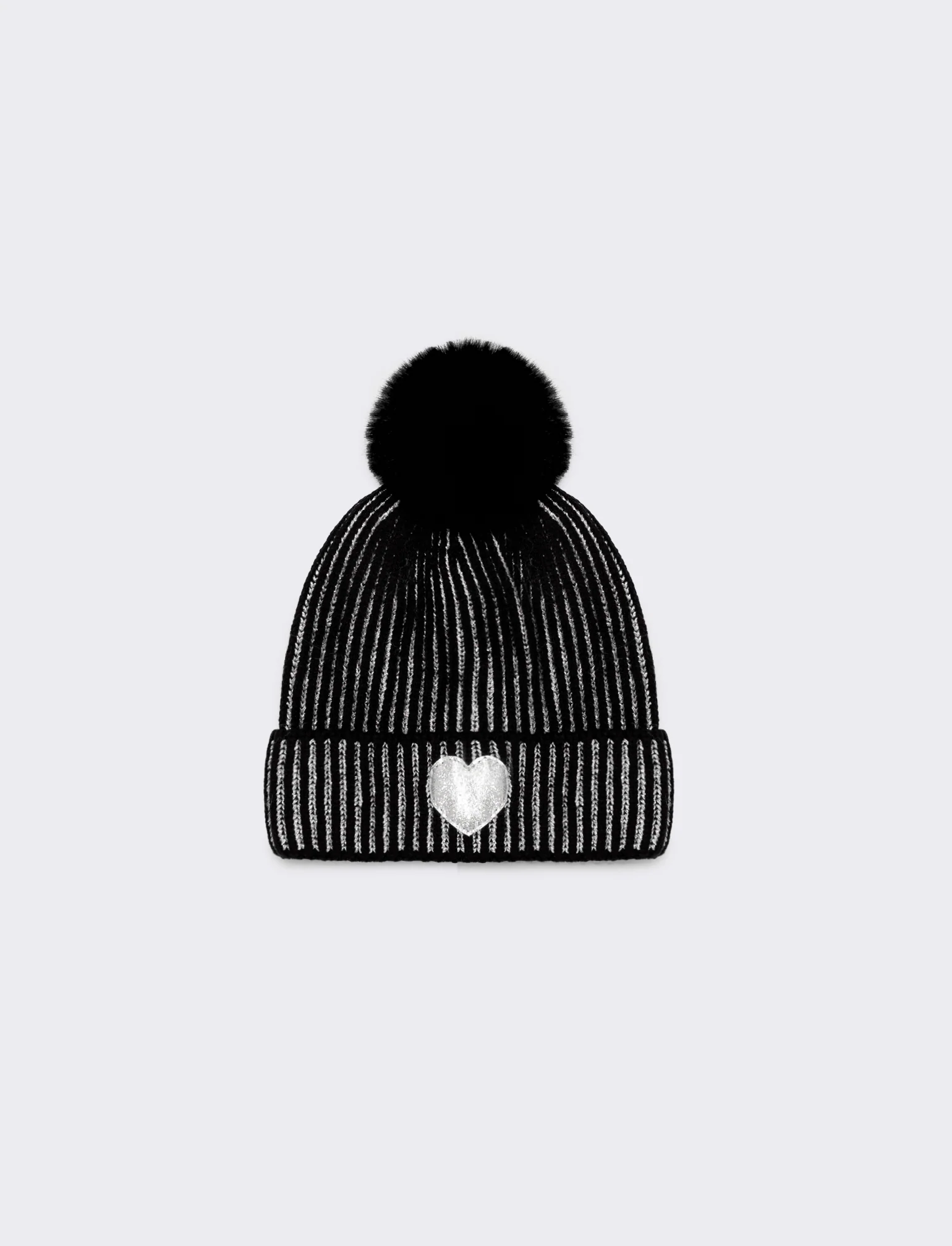 Cappello con pon pon a cuore glitter - Nero