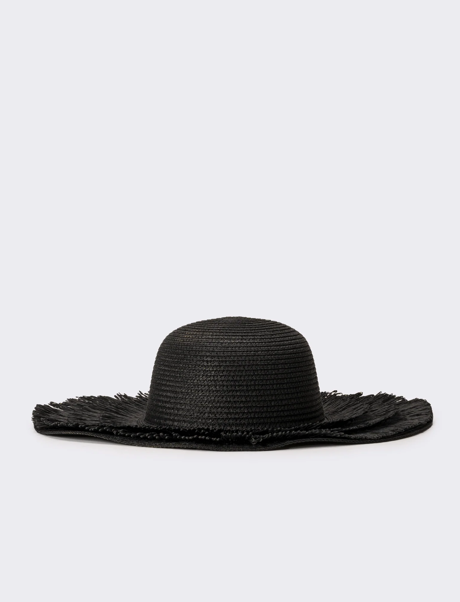 Cappello donna a falda larga con frange in raffia - Nero