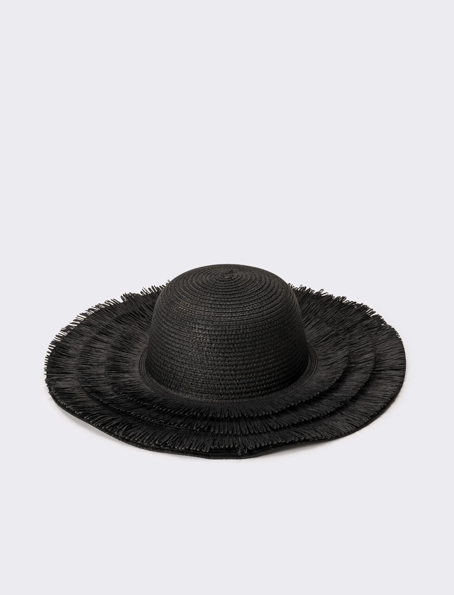 Cappello donna a falda larga con frange in raffia - Nero - Image 2