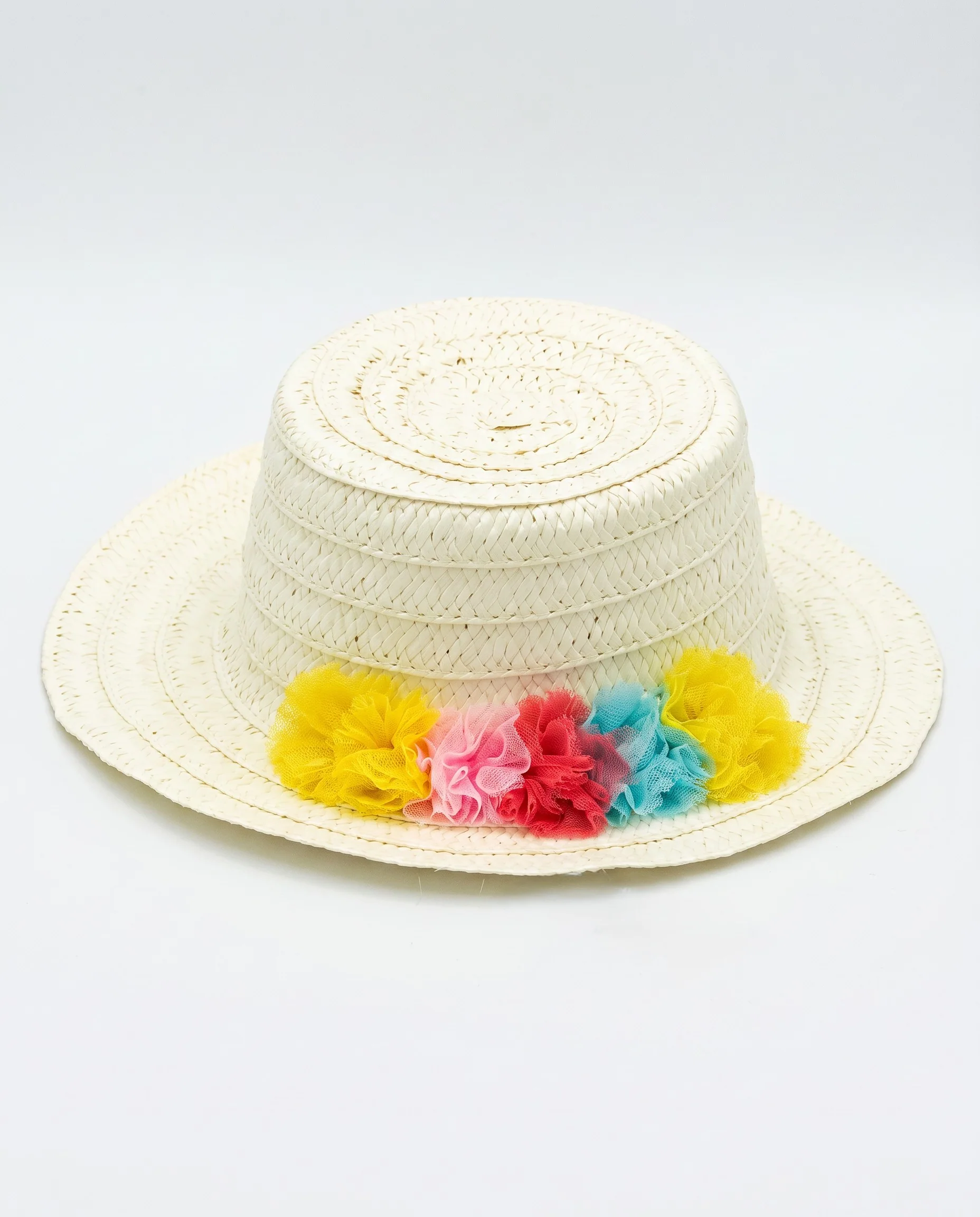 Cappello in paglia con pon pon in tulle - Bianco natural