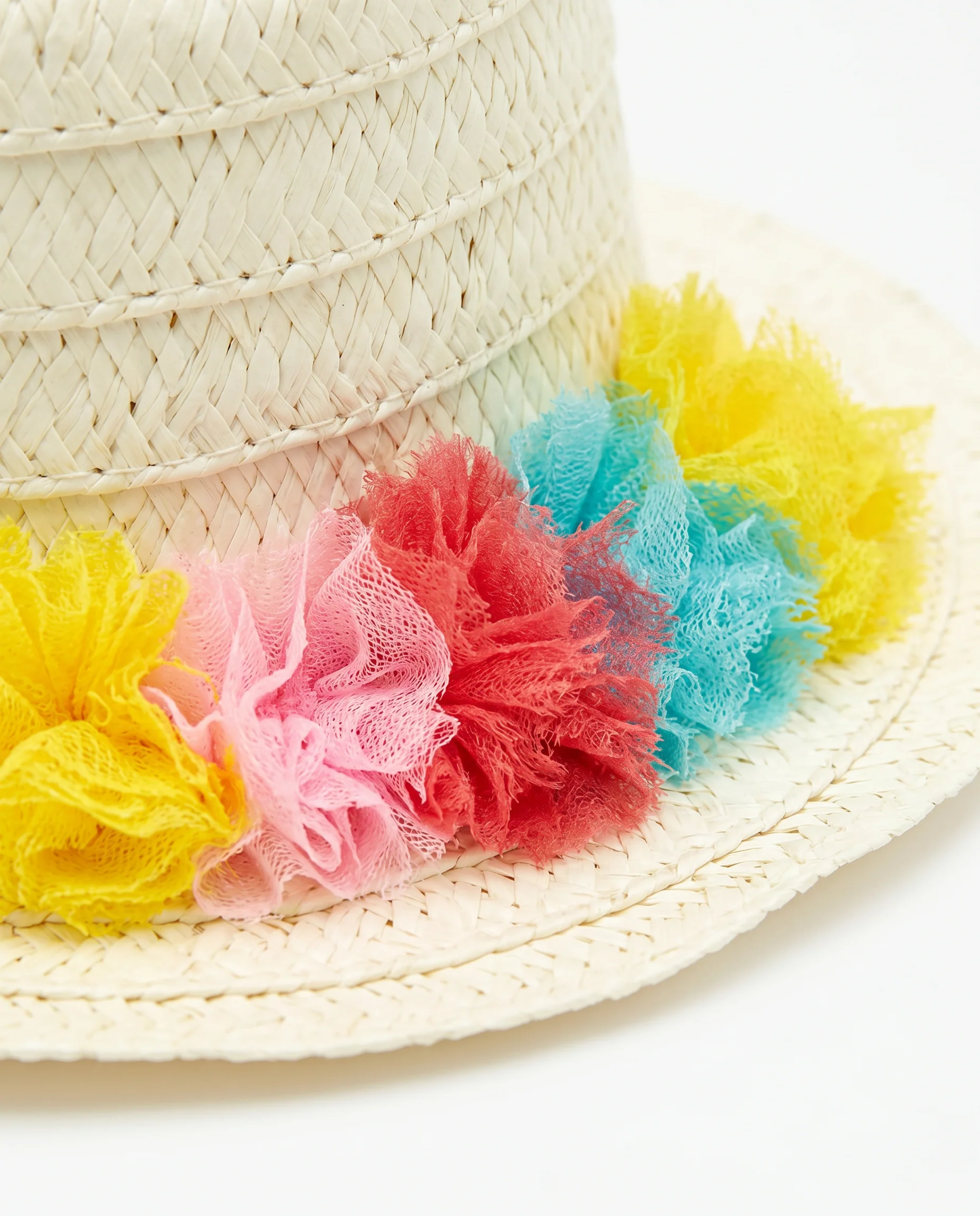 Cappello in paglia con pon pon in tulle - Bianco natural - Image 3