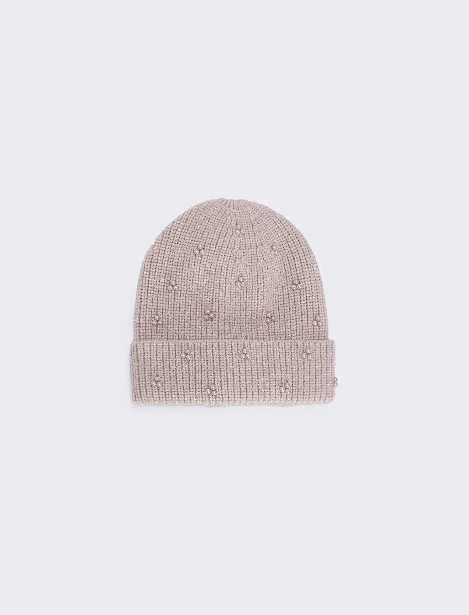 Cappello maglia con perline e risvolto - Beige